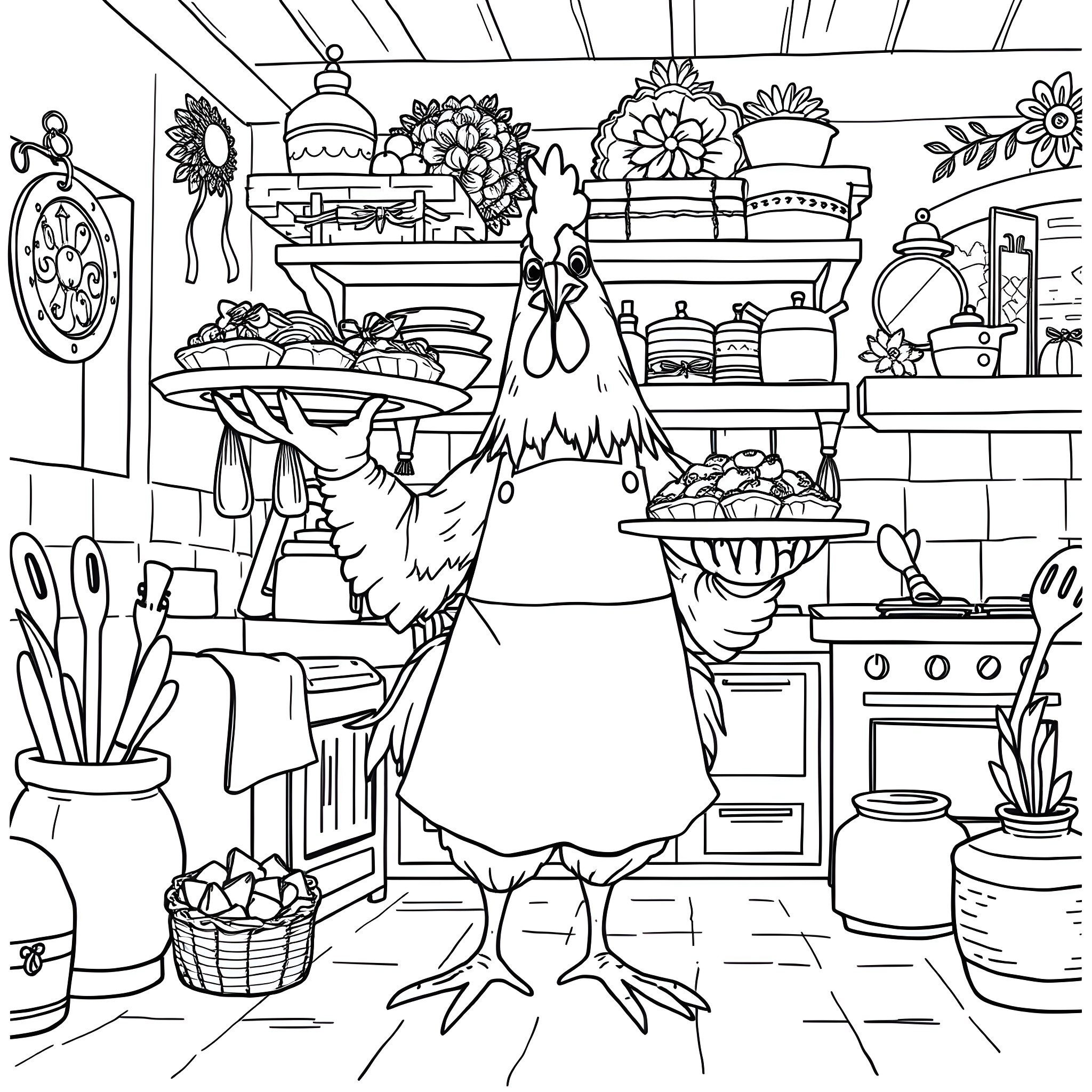 Chicken in a busy kitchen scene Coloring Page (free black-and-white line drawing printable PDF for all, from beginners to advanced learners, including children, teens, adults, and seniors)