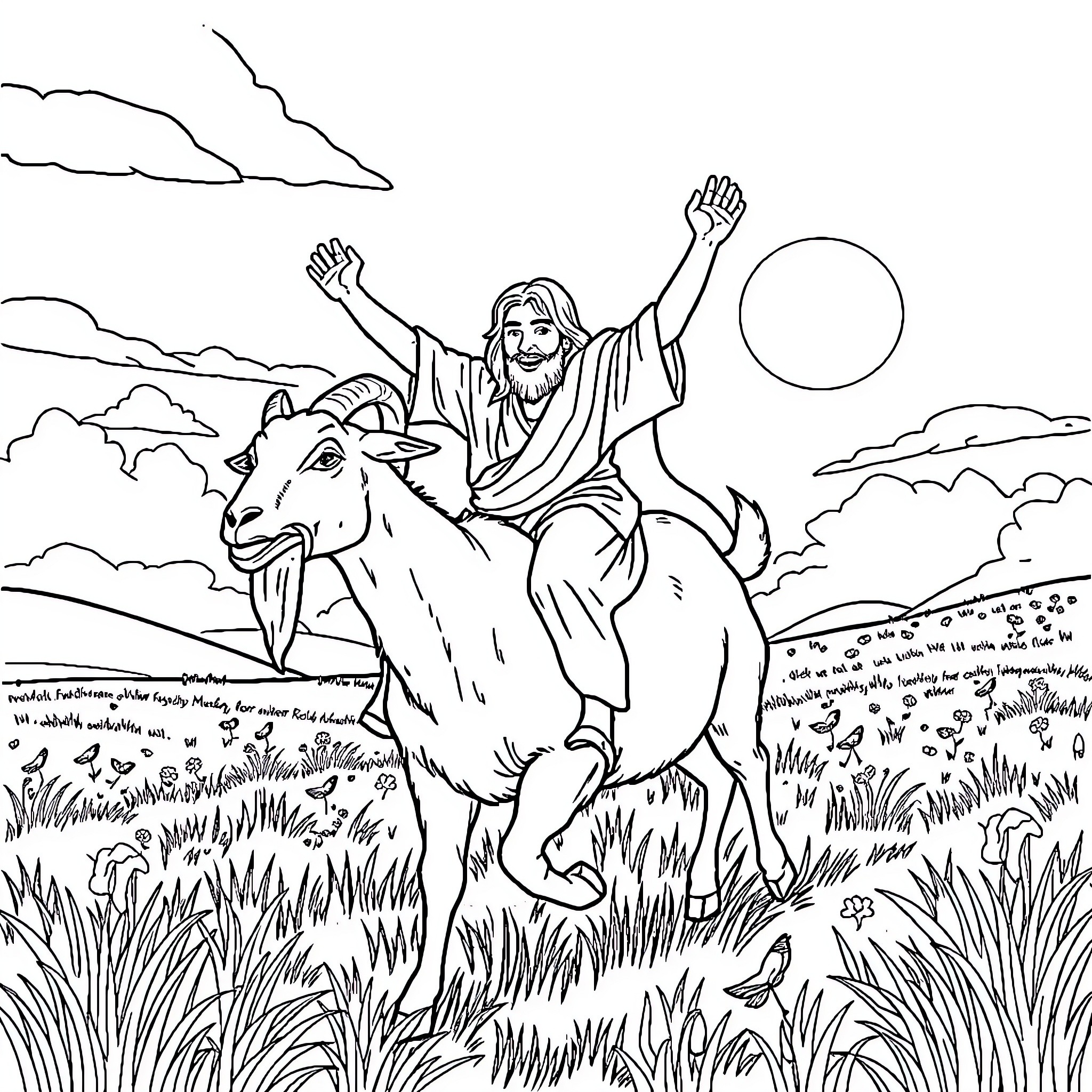 Jesus riding a donkey through the countryside Coloring Page (free black-and-white line drawing printable PDF for all, from beginners to advanced learners, including children, teens, adults, and seniors)