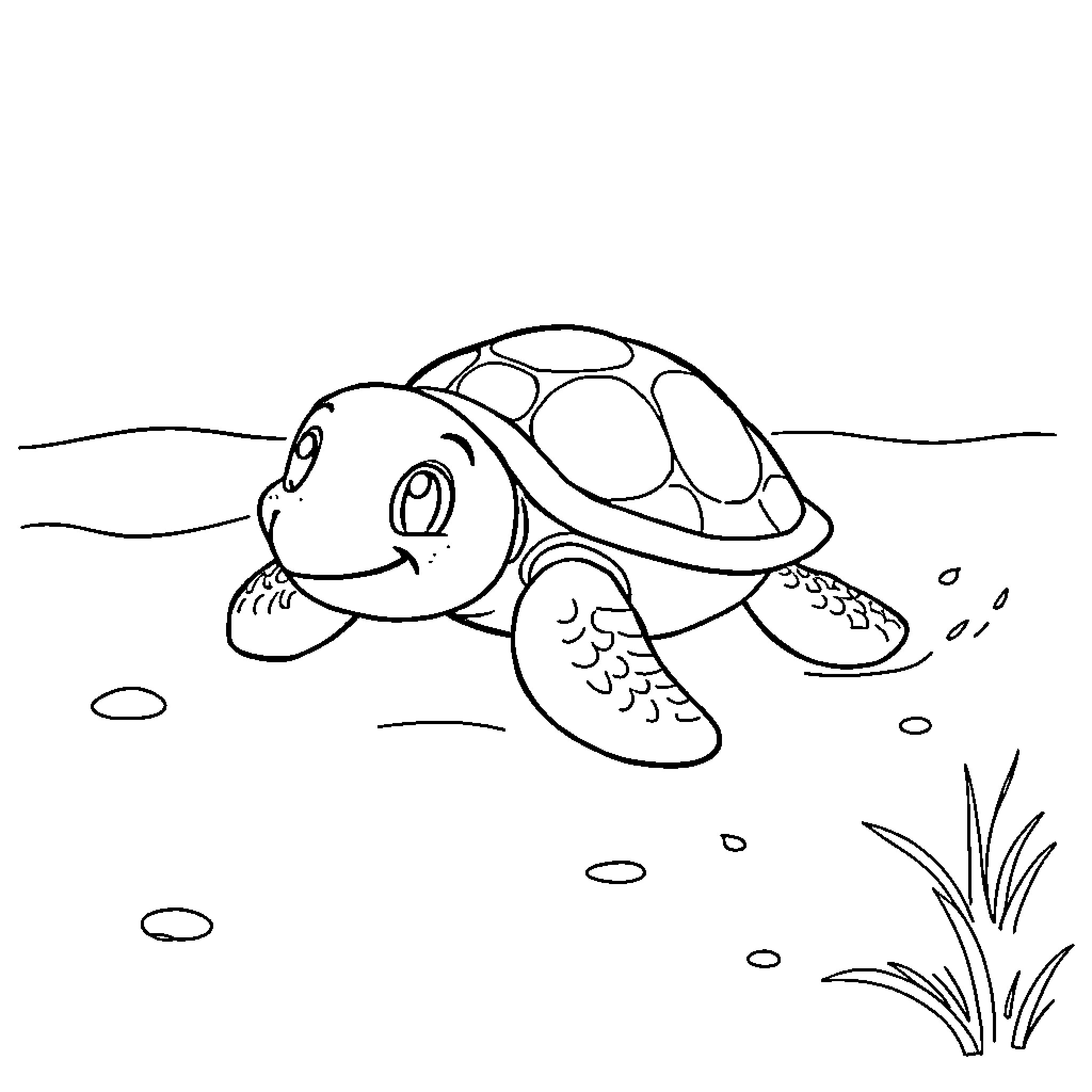 Baby Turtle swimming gracefully in the ocean Coloring Page (free black-and-white line drawing printable PDF for all, from beginners to advanced learners, including children, teens, adults, and seniors)