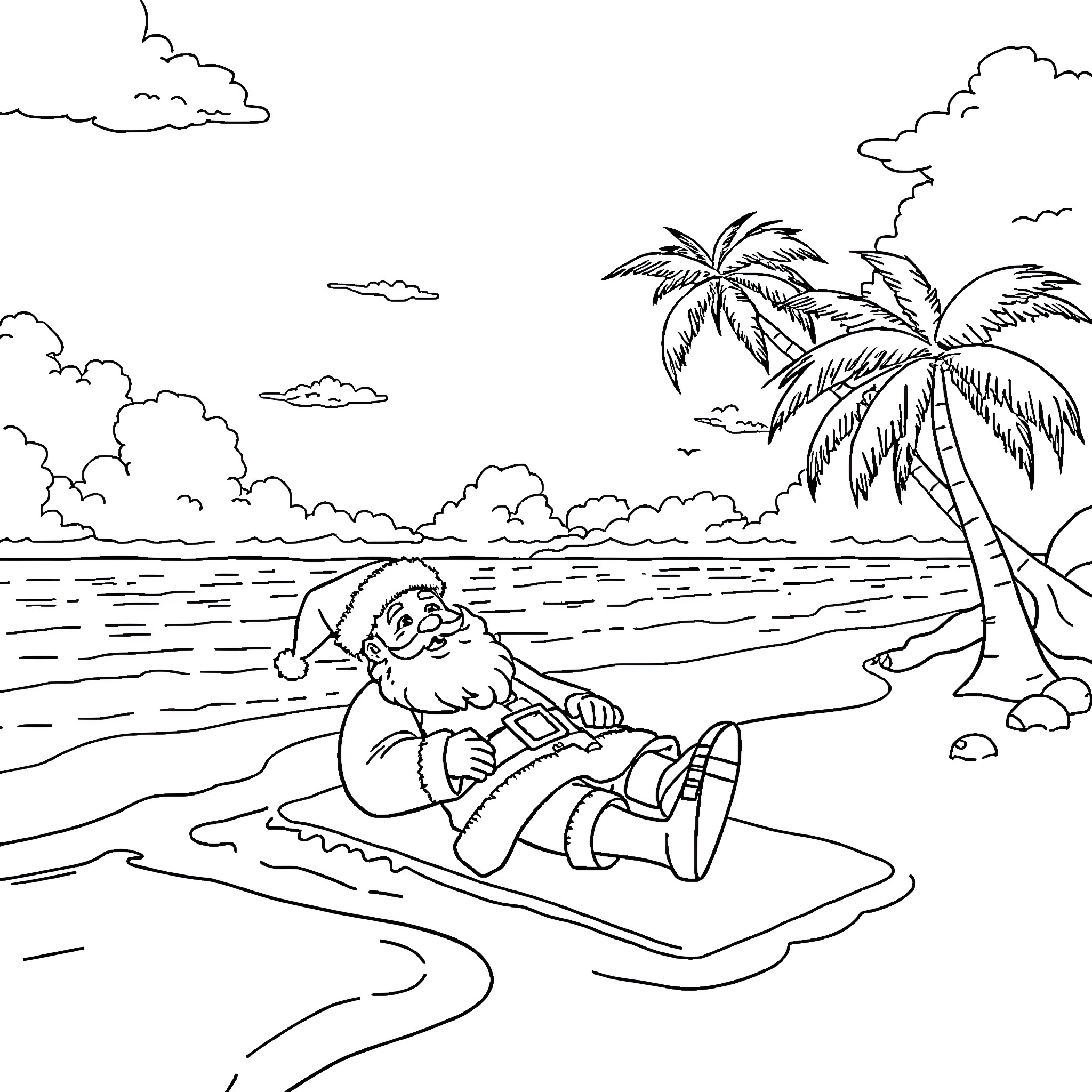 Santa relaxing on a tropical beach Coloring Page (free black-and-white line drawing printable PDF for all, from beginners to advanced learners, including children, teens, adults, and seniors)
