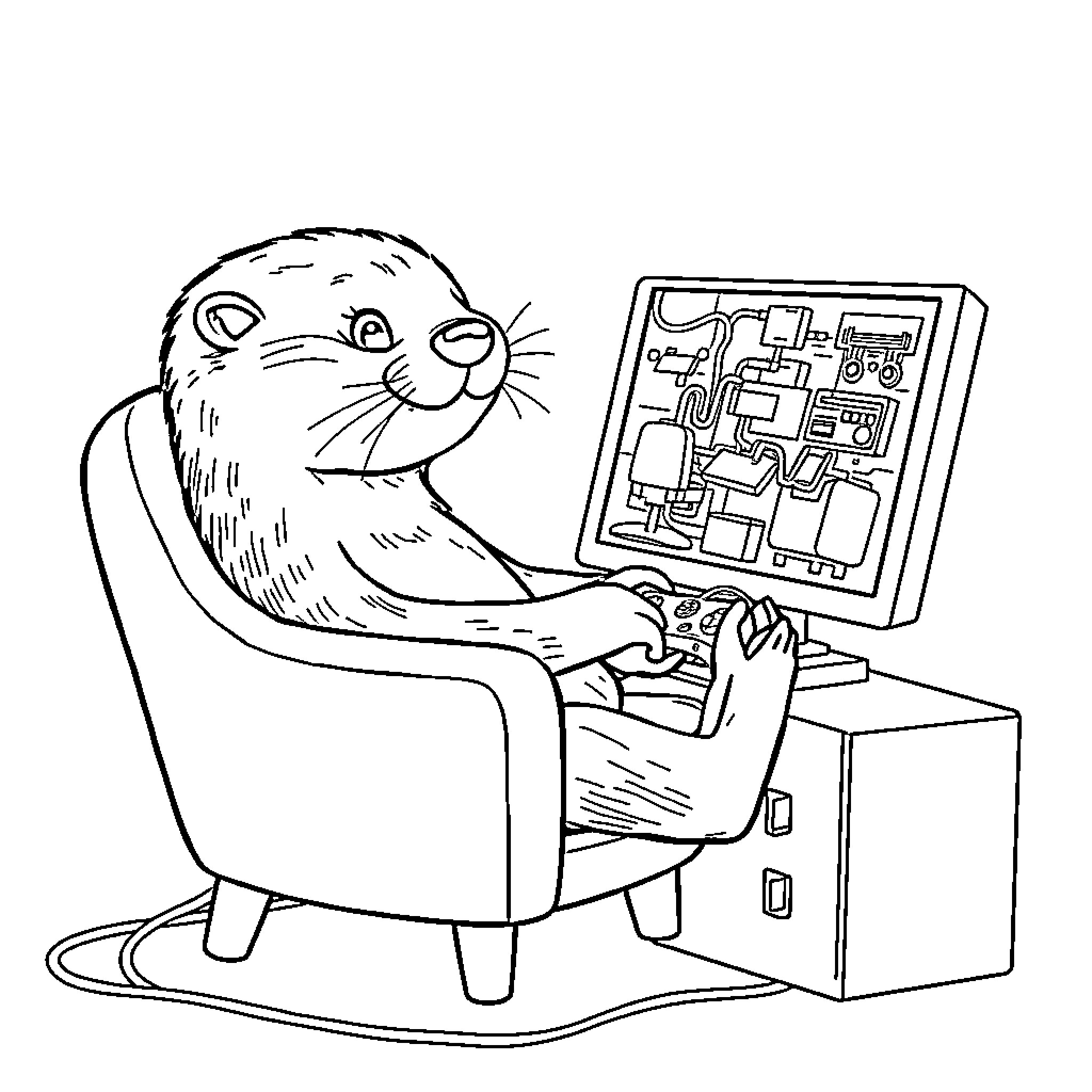 Otter playing computer games Coloring Page (free black-and-white line drawing printable PDF for all, from beginners to advanced learners, including children, teens, adults, and seniors)