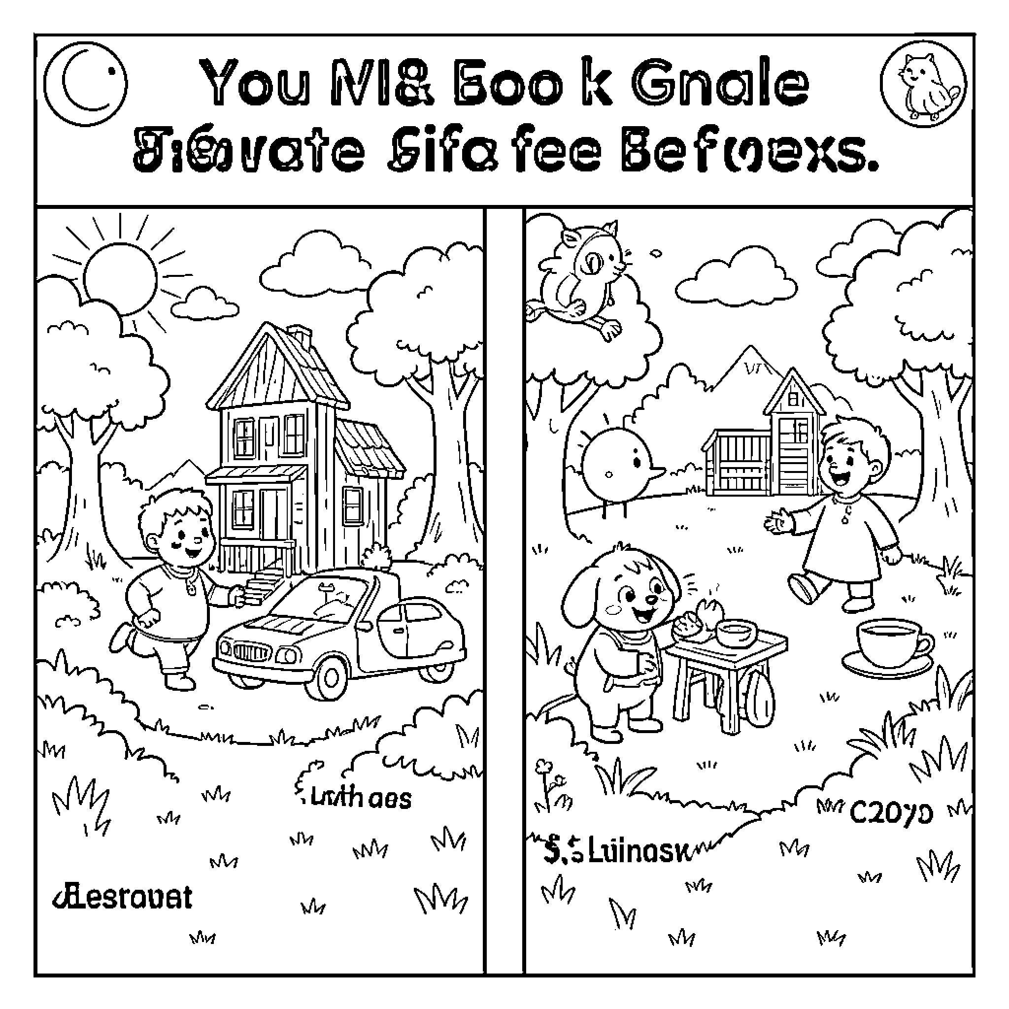 Difference between playing with a car and having tea Coloring Page (free black-and-white line drawing printable PDF for all, from beginners to advanced learners, including children, teens, adults, and seniors)