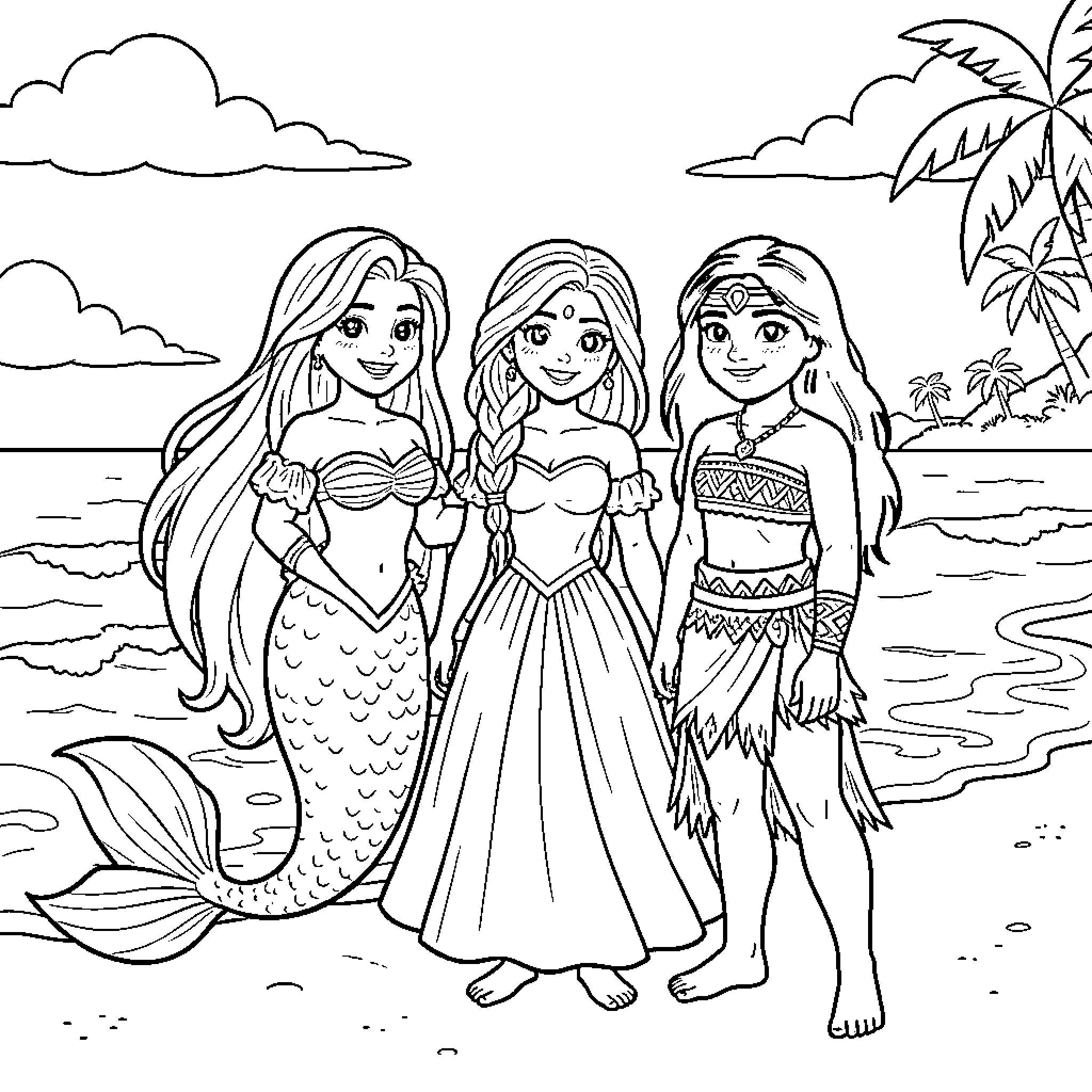 Mermaid friends enjoying a tropical beach day Coloring Page (free black-and-white line drawing printable PDF for all, from beginners to advanced learners, including children, teens, adults, and seniors)