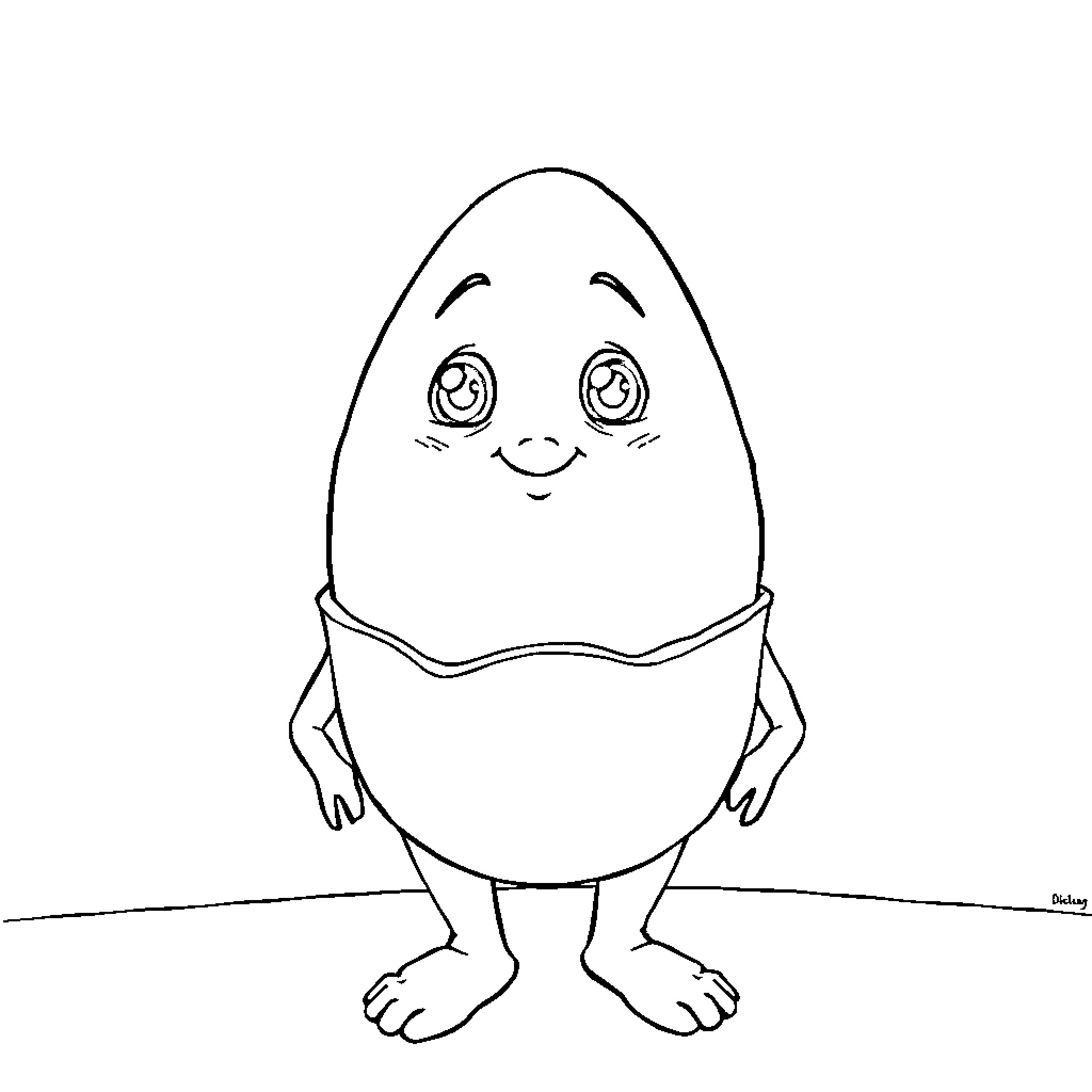 Egg character with smiling expression Coloring Page (free black-and-white line drawing printable PDF for all, from beginners to advanced learners, including children, teens, adults, and seniors)