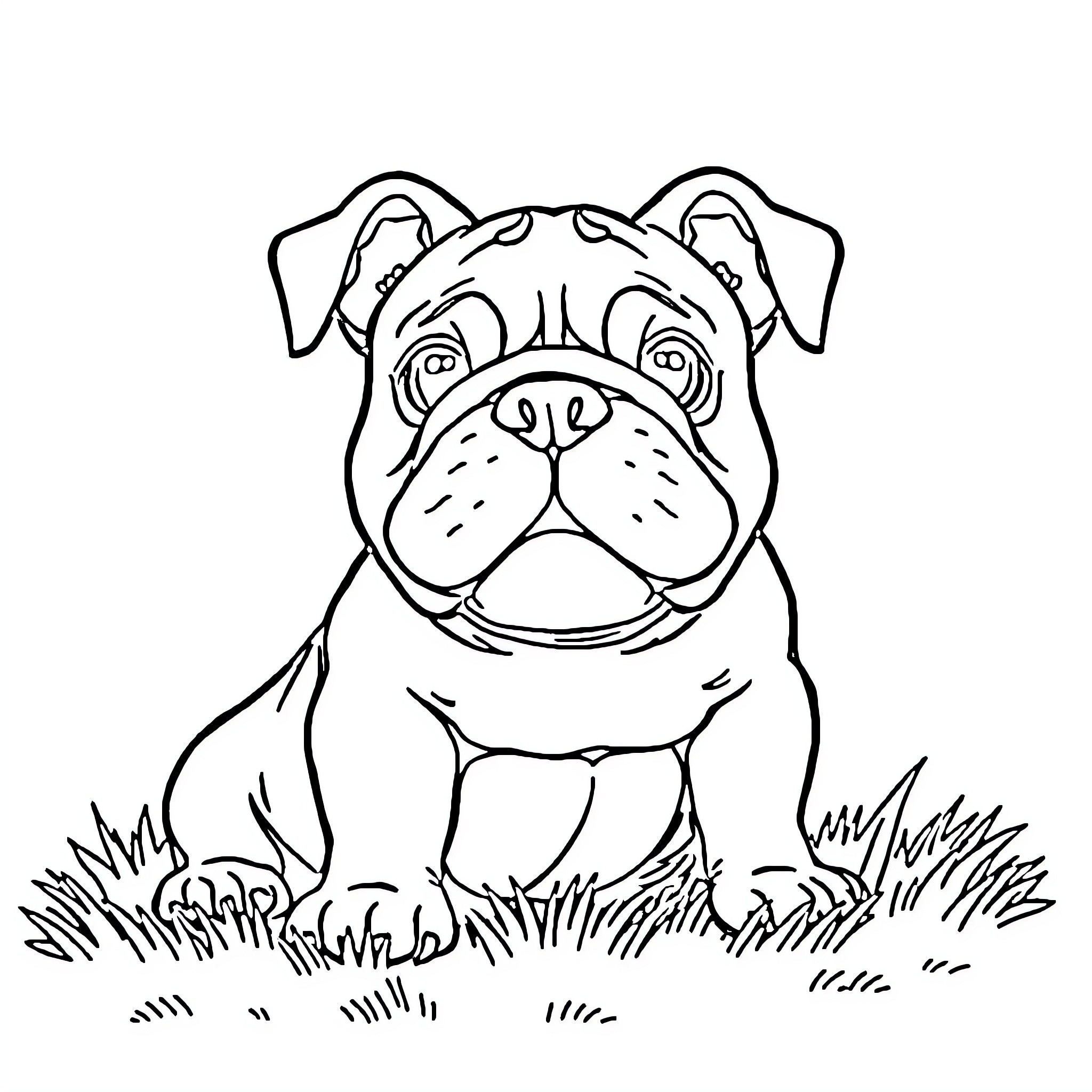 Bulldog sitting happily in the grass Coloring Page (free black-and-white line drawing printable PDF for all, from beginners to advanced learners, including children, teens, adults, and seniors)