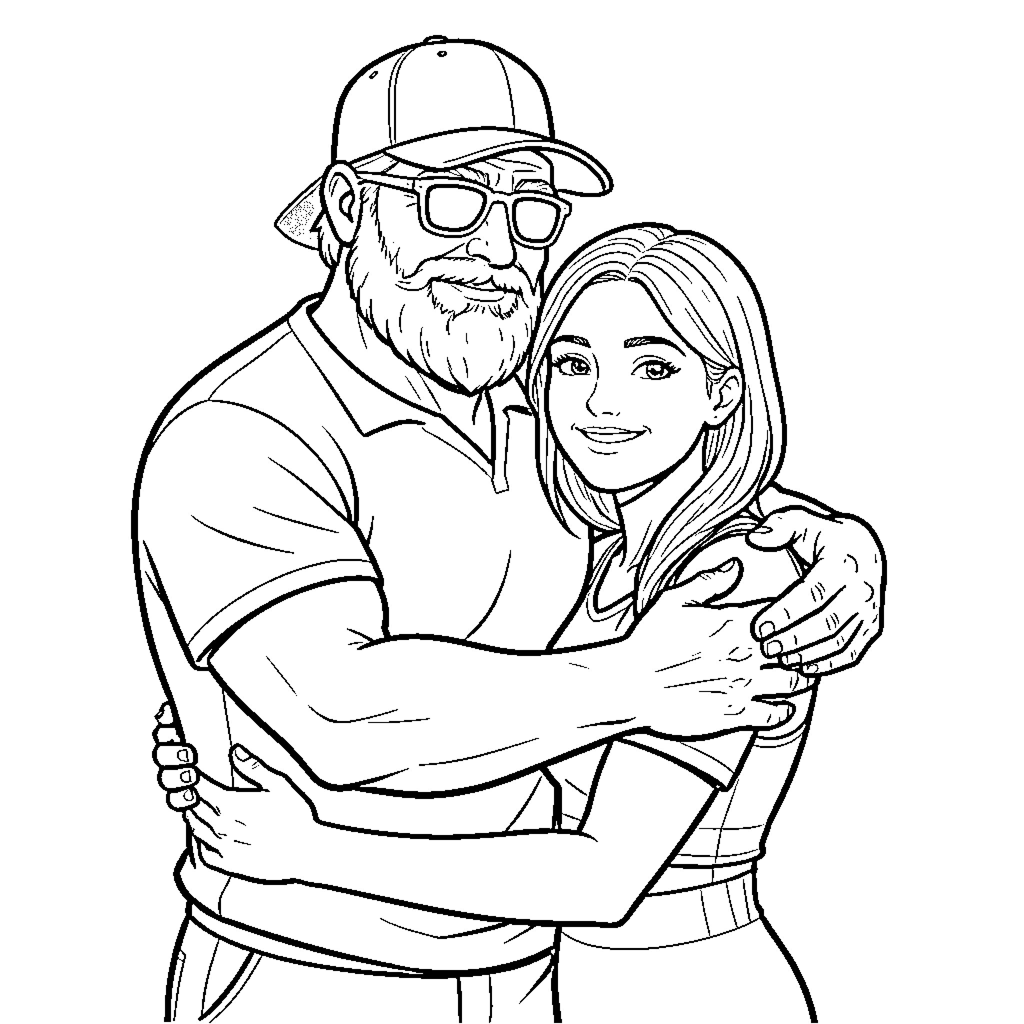 Hombre hugging a smiling young woman warmly Coloring Page (free black-and-white line drawing printable PDF for all, from beginners to advanced learners, including children, teens, adults, and seniors)