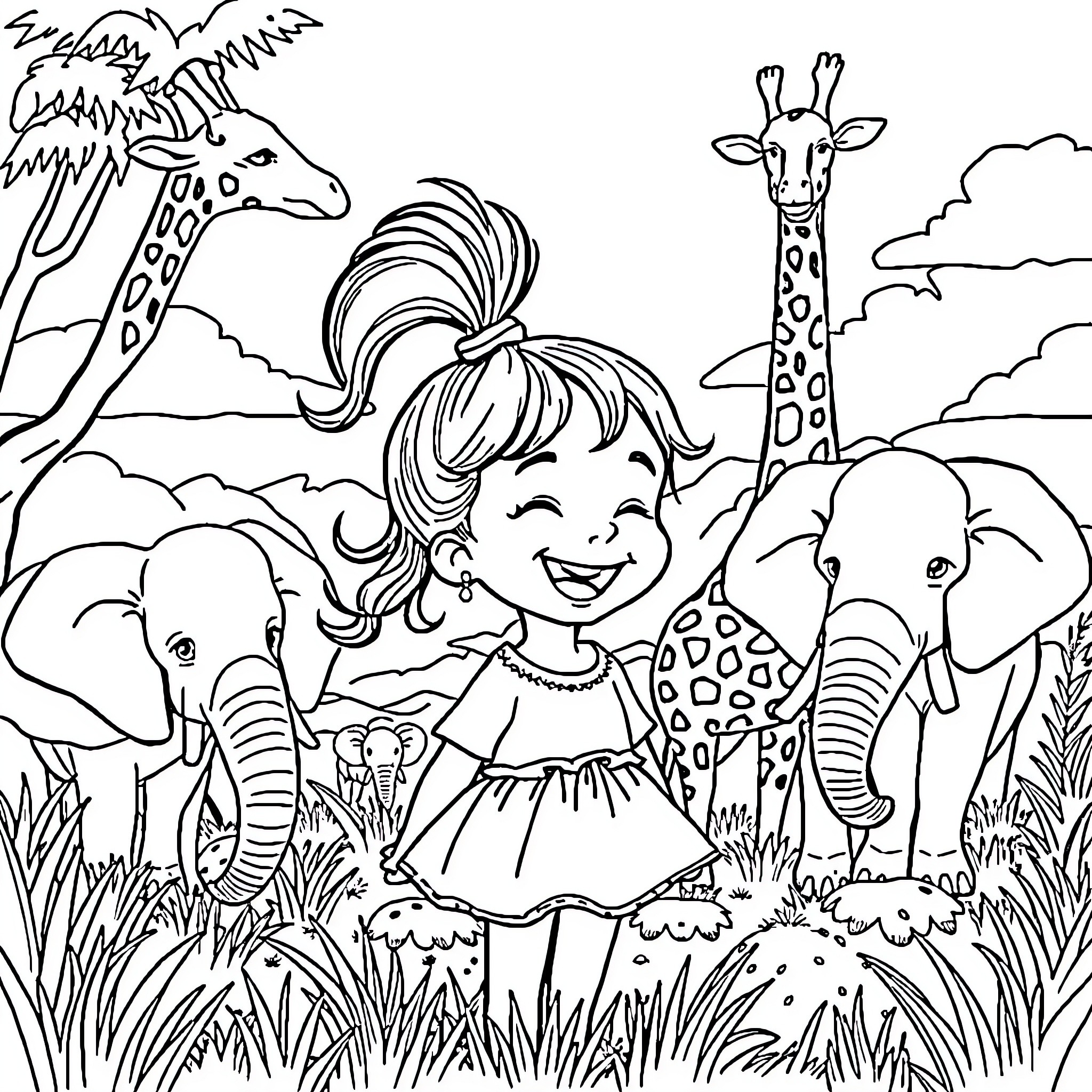 Girl surrounded by happy animals in the safari Coloring Page (free black-and-white line drawing printable PDF for all, from beginners to advanced learners, including children, teens, adults, and seniors)