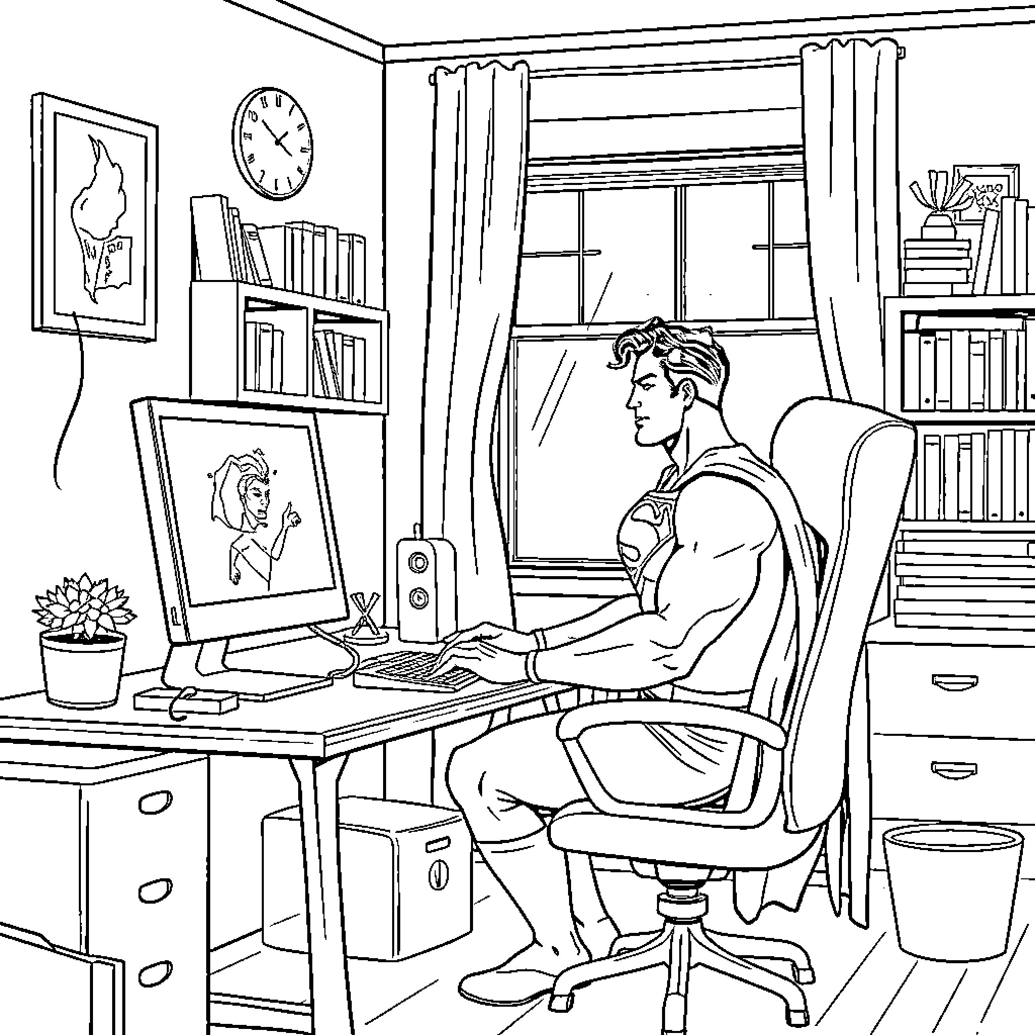 Superman working diligently at his desk Coloring Page (free black-and-white line drawing printable PDF for all, from beginners to advanced learners, including children, teens, adults, and seniors)
