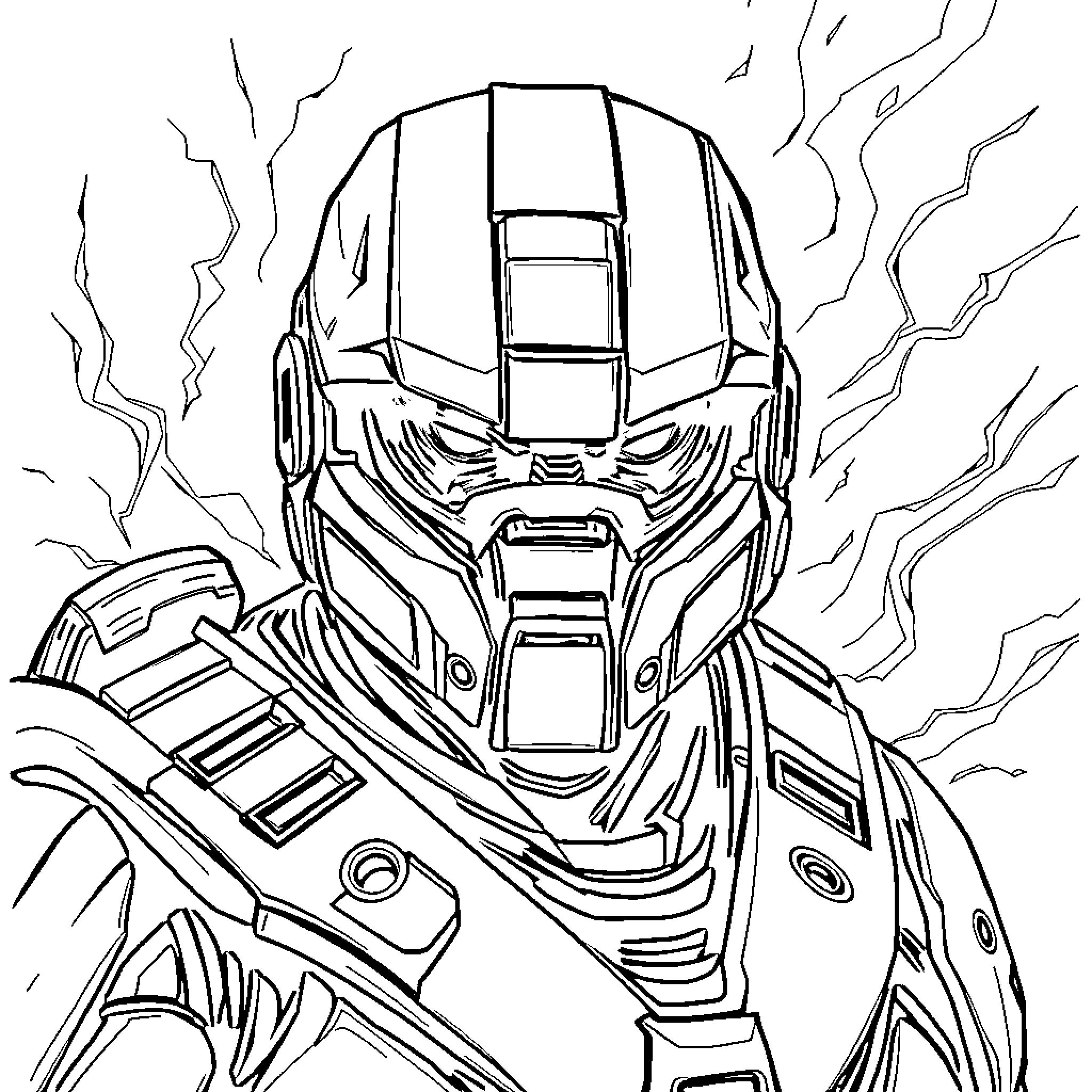 Master Chief in Heroic Stance Coloring Page (free black-and-white line drawing printable PDF for all, from beginners to advanced learners, including children, teens, adults, and seniors)
