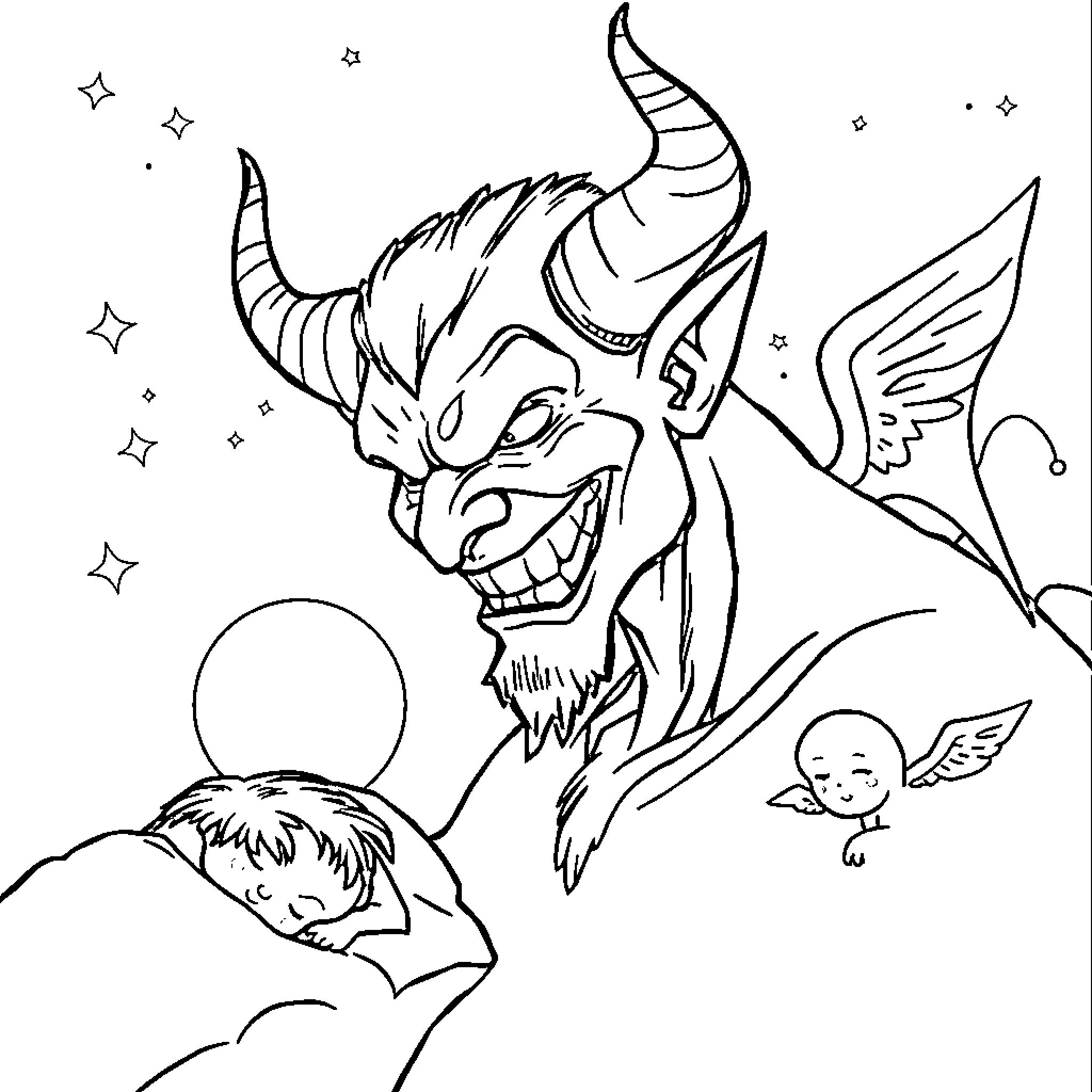 Demon's Nightmarish Encounter in the Starry Skies Coloring Page (free black-and-white line drawing printable PDF for all, from beginners to advanced learners, including children, teens, adults, and seniors)