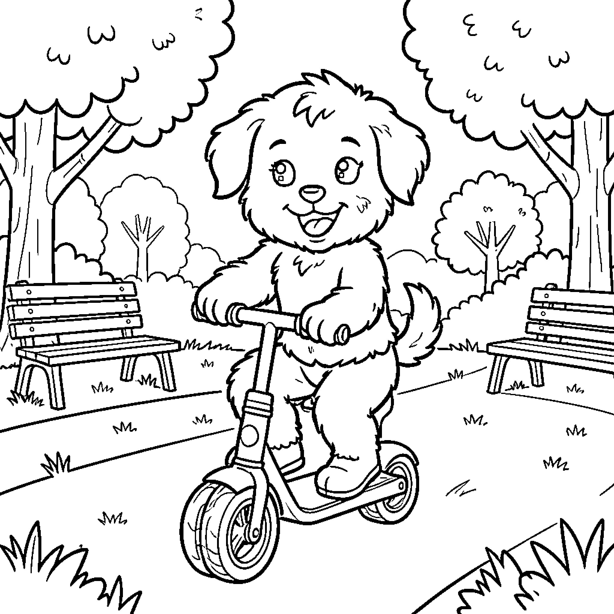 Perrito riding a scooter in the park Coloring Page (free black-and-white line drawing printable PDF for all, from beginners to advanced learners, including children, teens, adults, and seniors)