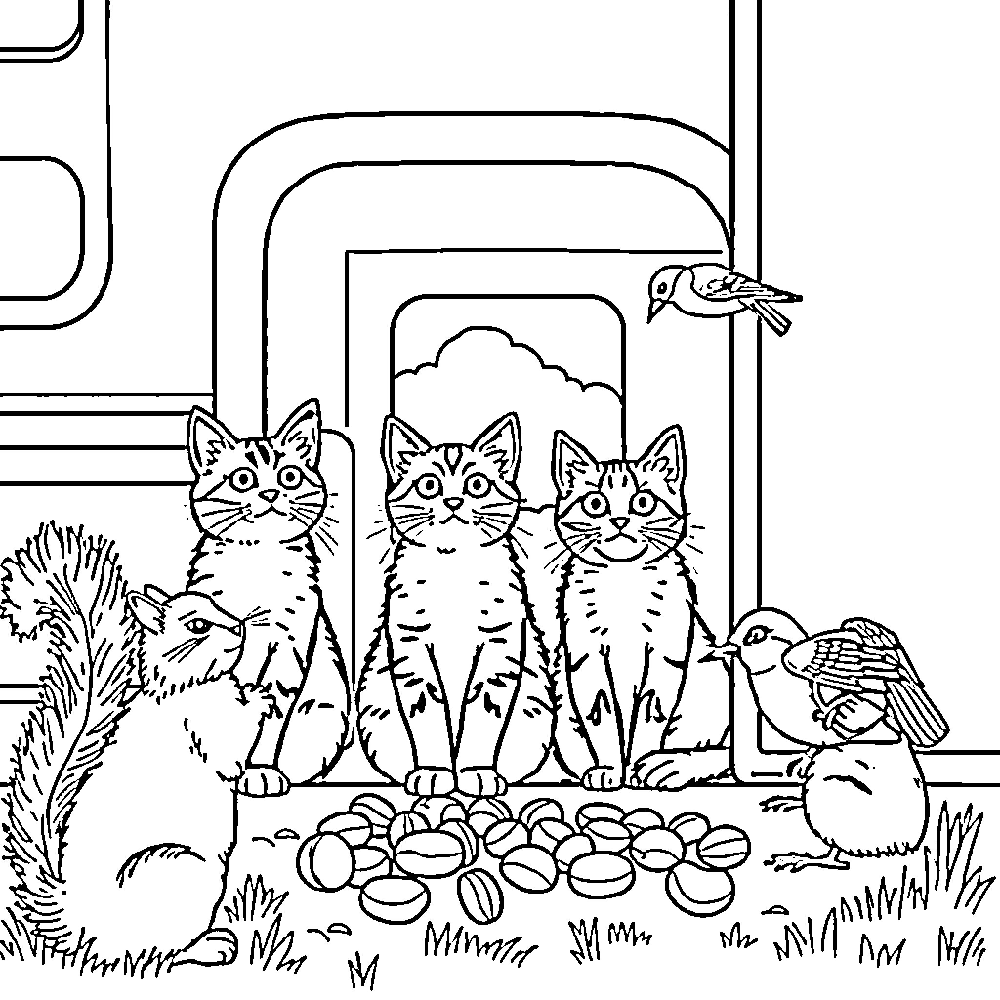 Cat Kittens Feeding on Outdoor Patio Coloring Page (free black-and-white line drawing printable PDF for all, from beginners to advanced learners, including children, teens, adults, and seniors)