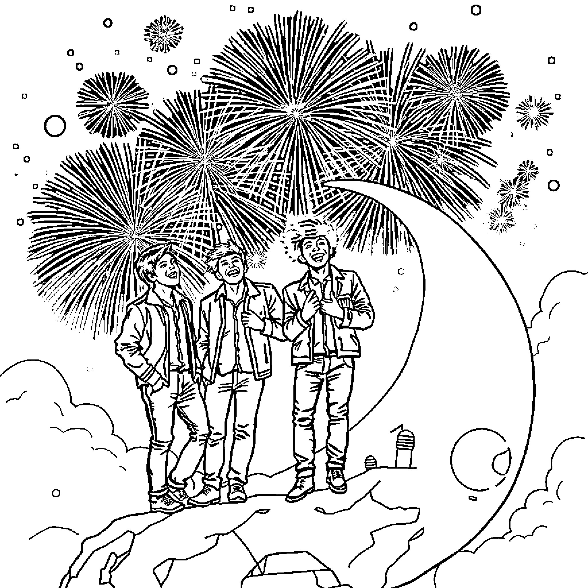 One Direction Celebrating with Fireworks Display Coloring Page (free black-and-white line drawing printable PDF for all, from beginners to advanced learners, including children, teens, adults, and seniors)