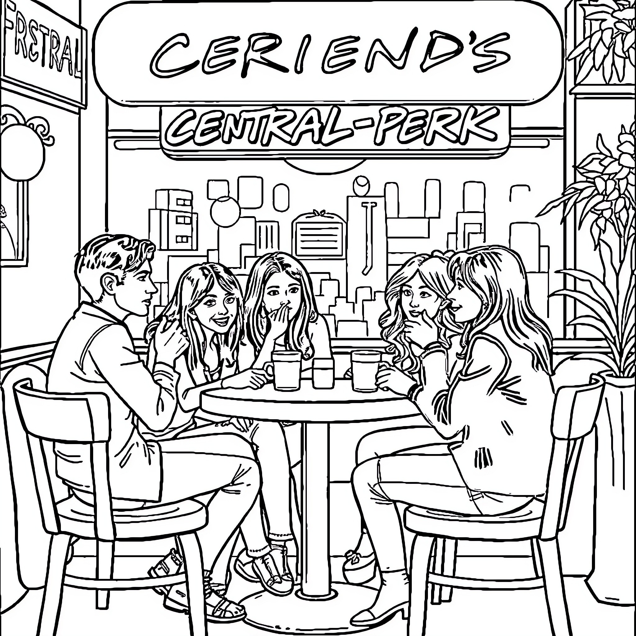 Friends enjoying coffee at Cerliend's Central Park Cafe Coloring Page (free black-and-white line drawing printable PDF for all, from beginners to advanced learners, including children, teens, adults, and seniors)