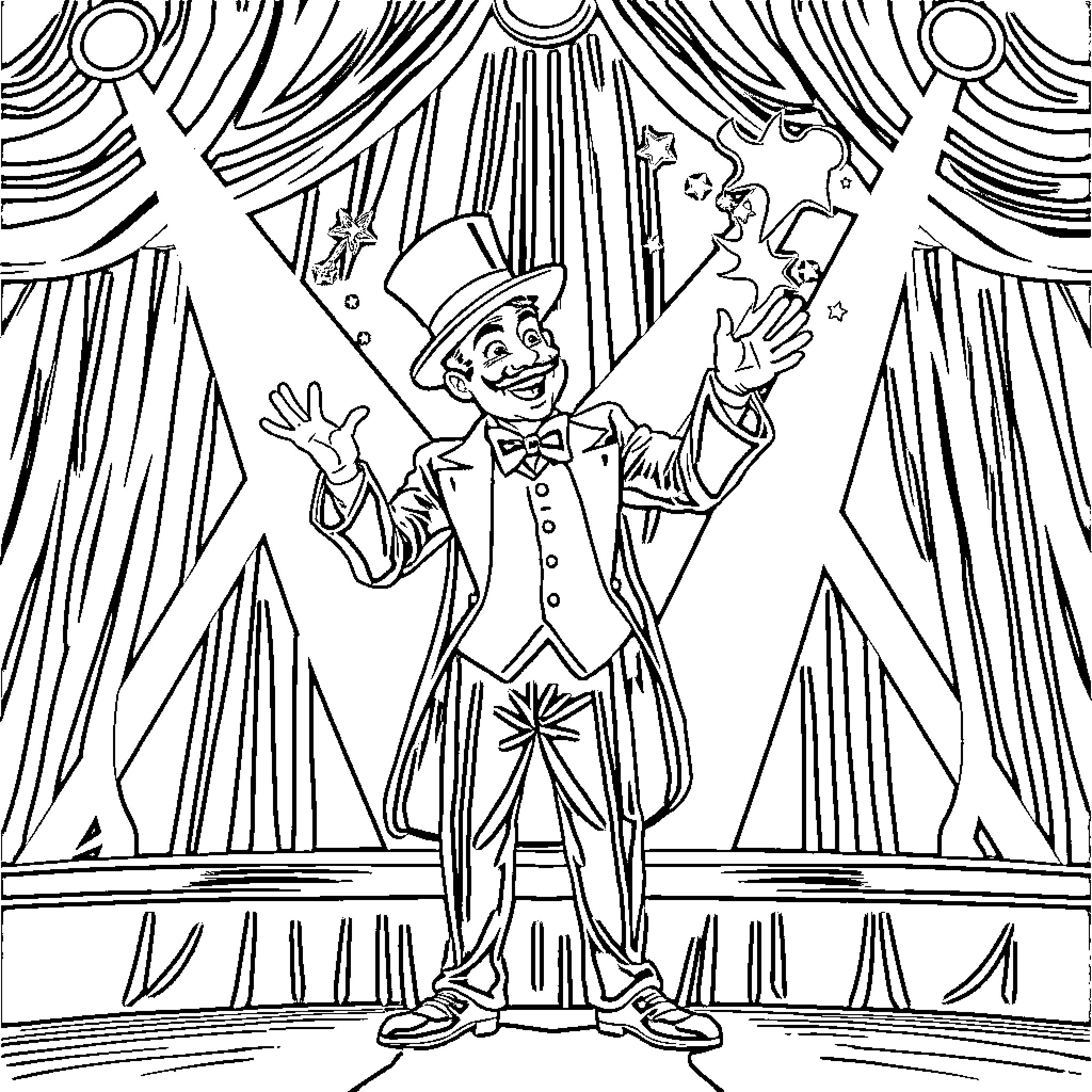 Magician Performing Tricks on Stage Coloring Page (free black-and-white line drawing printable PDF for all, from beginners to advanced learners, including children, teens, adults, and seniors)