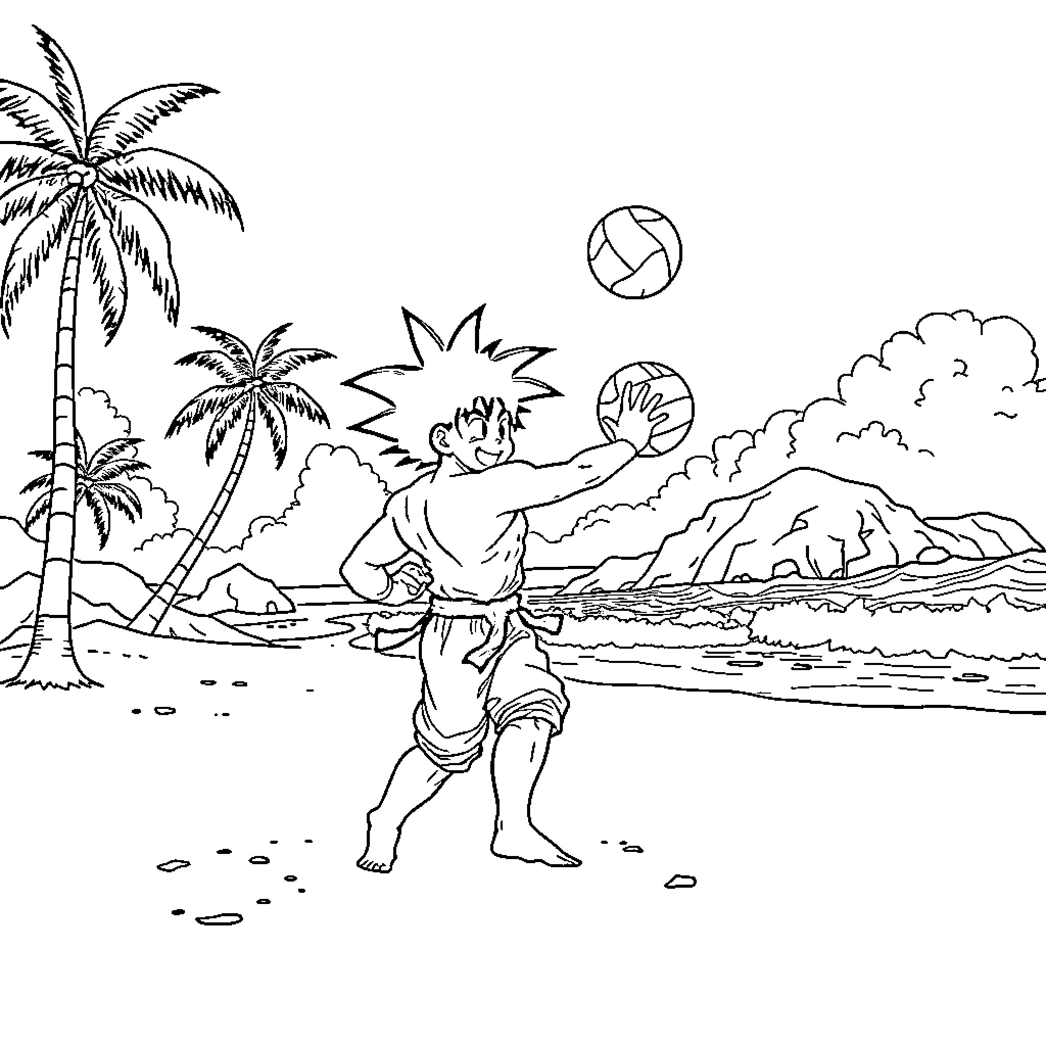 Goku playing volleyball on a tropical beach Coloring Page (free black-and-white line drawing printable PDF for all, from beginners to advanced learners, including children, teens, adults, and seniors)