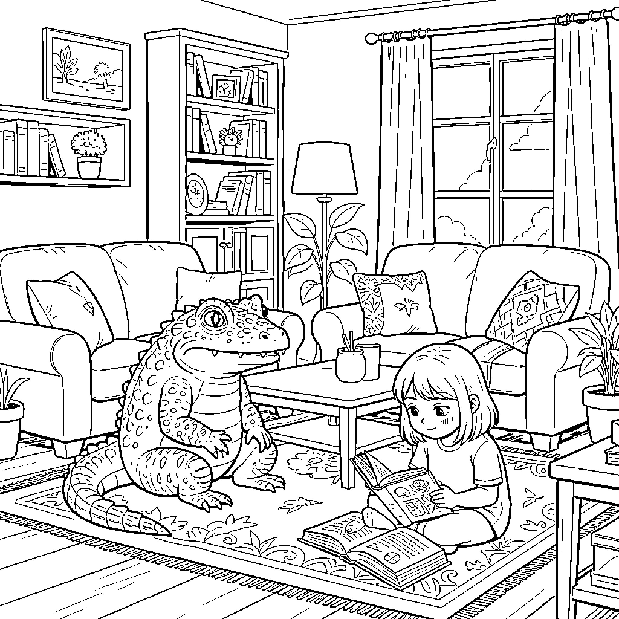Ajolote explores cozy living room with girl Coloring Page (free black-and-white line drawing printable PDF for all, from beginners to advanced learners, including children, teens, adults, and seniors)