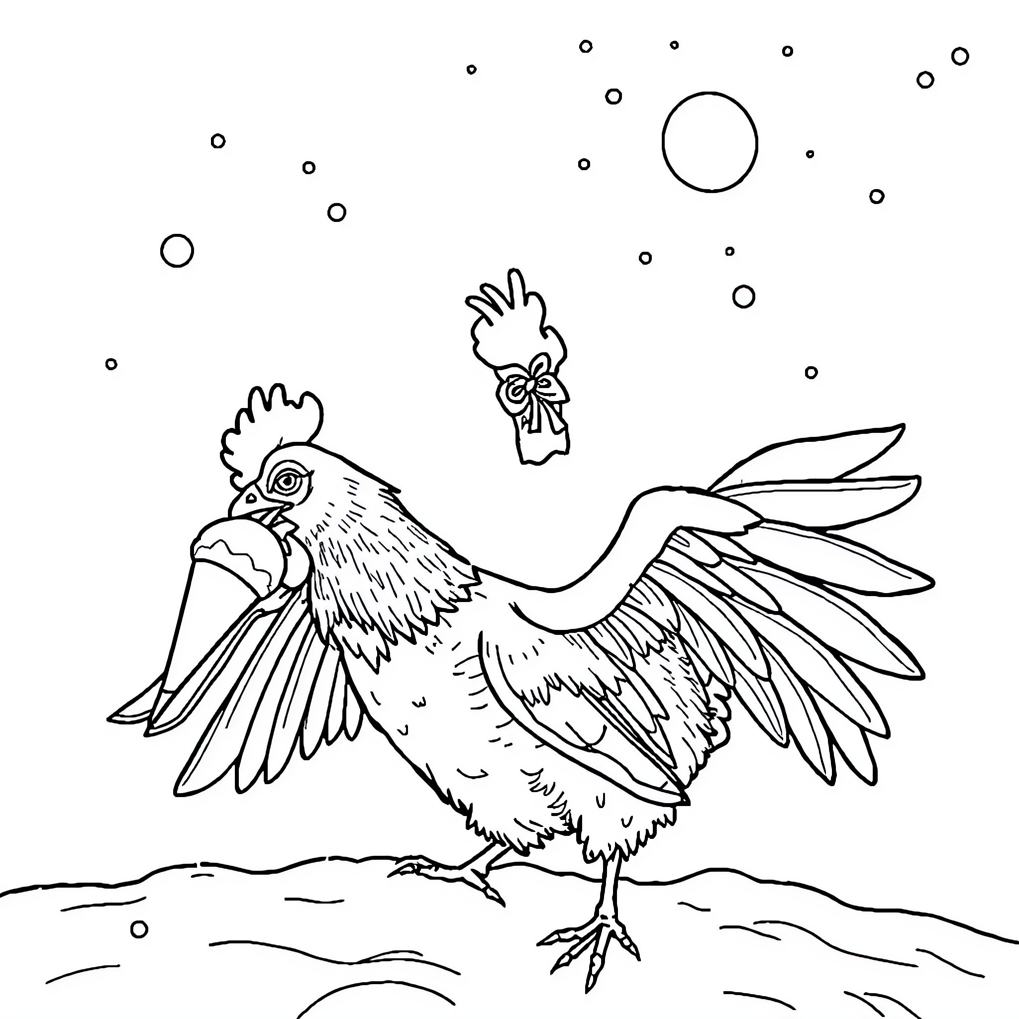 Flying Pig with Rooster Flapping in the Snow Coloring Page (free black-and-white line drawing printable PDF for all, from beginners to advanced learners, including children, teens, adults, and seniors)