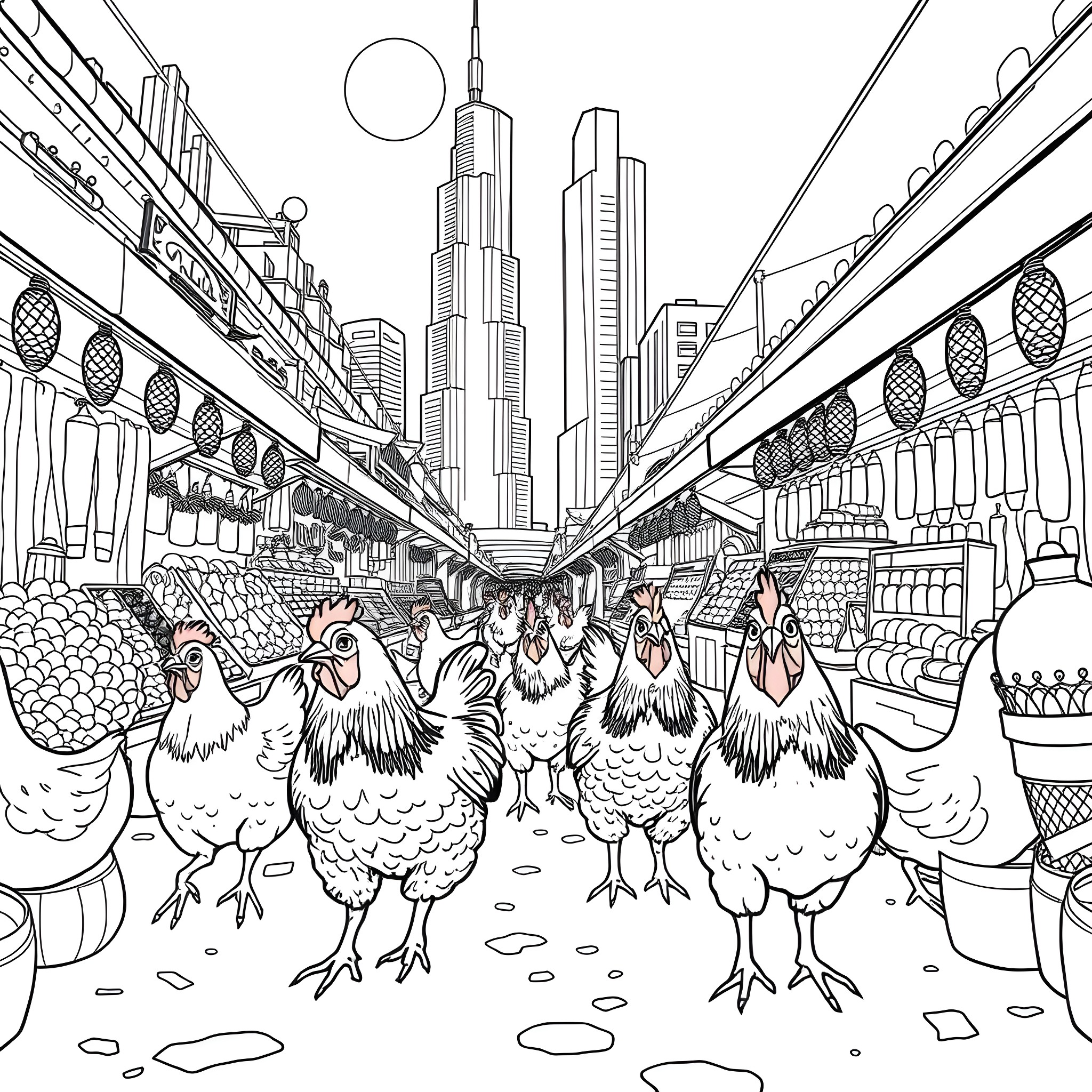Chickens exploring a bustling urban market Coloring Page (free black-and-white line drawing printable PDF for all, from beginners to advanced learners, including children, teens, adults, and seniors)