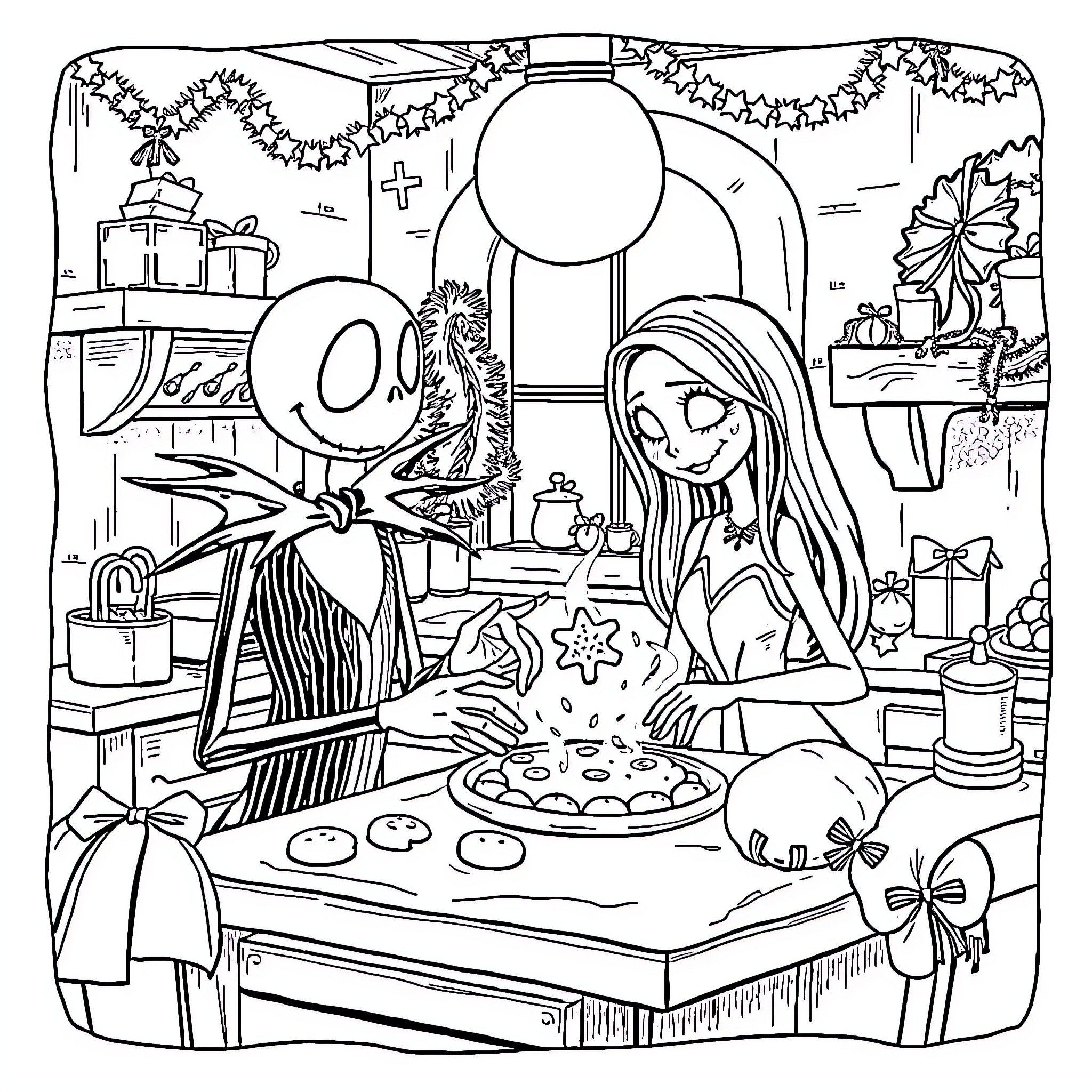 Jack and Sally baking holiday treats together Coloring Page (free black-and-white line drawing printable PDF for all, from beginners to advanced learners, including children, teens, adults, and seniors)