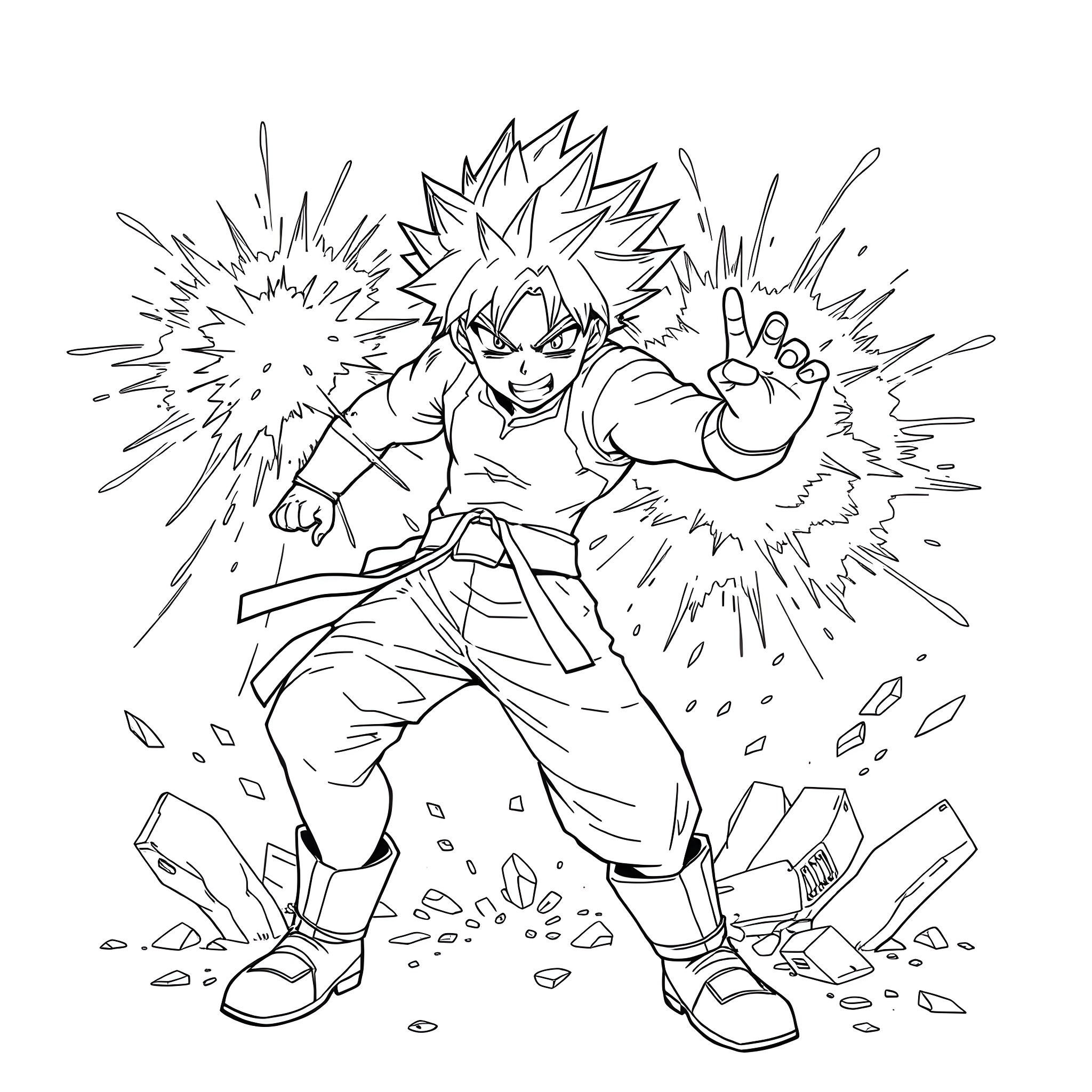 Bakugo's Explosive Attack Pose Coloring Page (free black-and-white line drawing printable PDF for all, from beginners to advanced learners, including children, teens, adults, and seniors)