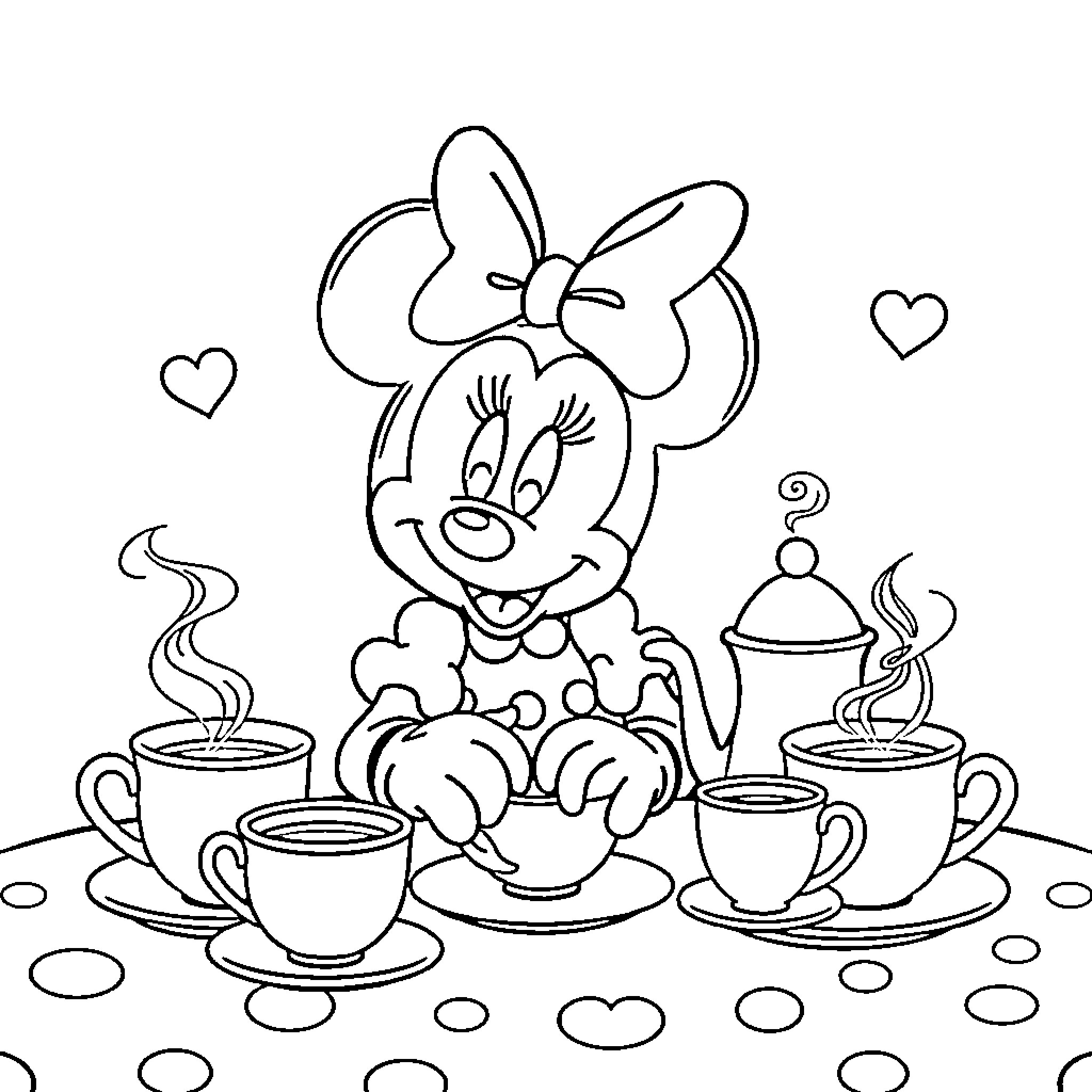 Minnie Mouse Enjoying a Tea Party with Hearts Coloring Page (free black-and-white line drawing printable PDF for all, from beginners to advanced learners, including children, teens, adults, and seniors)