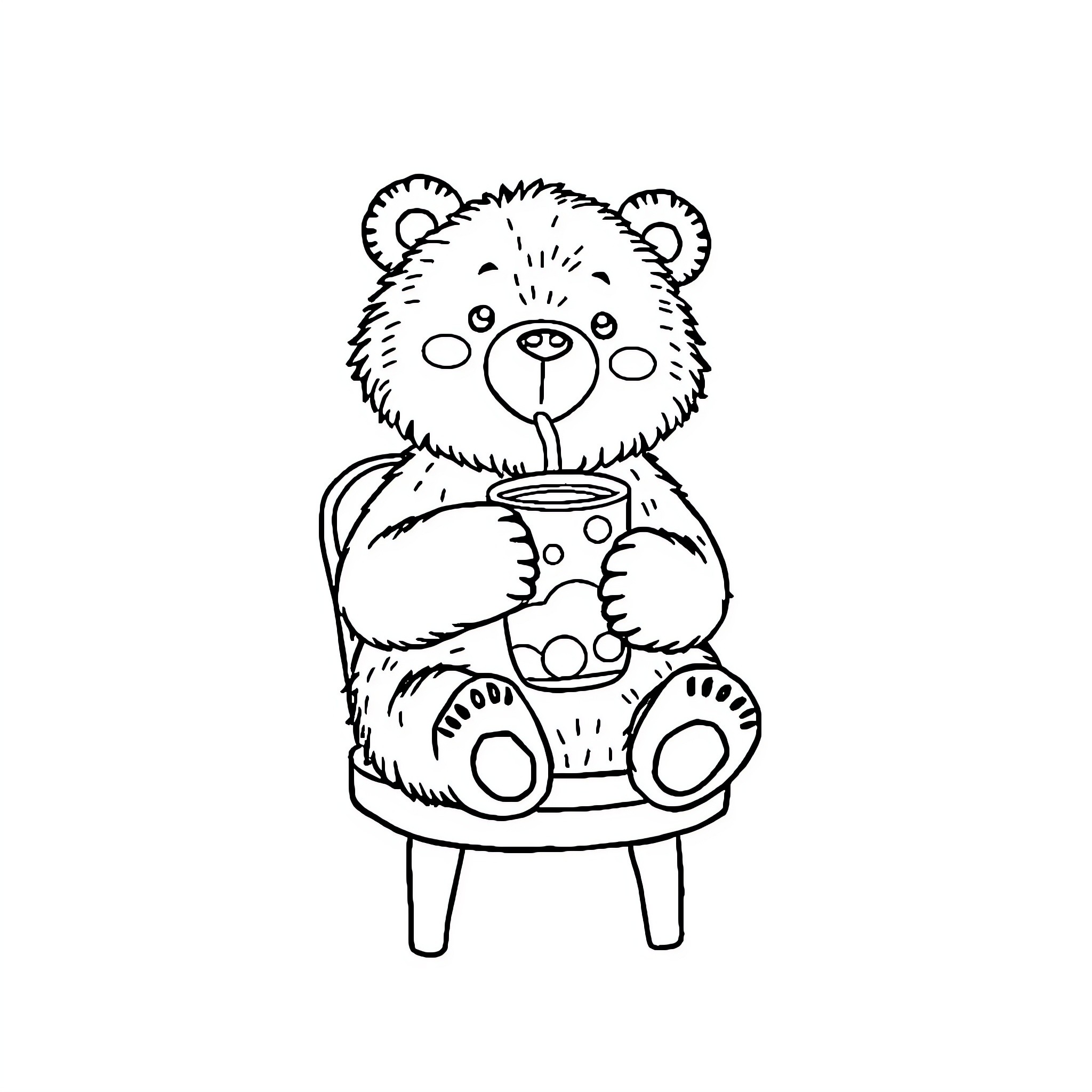 Bear sitting and sipping a drink Coloring Page (free black-and-white line drawing printable PDF for all, from beginners to advanced learners, including children, teens, adults, and seniors)