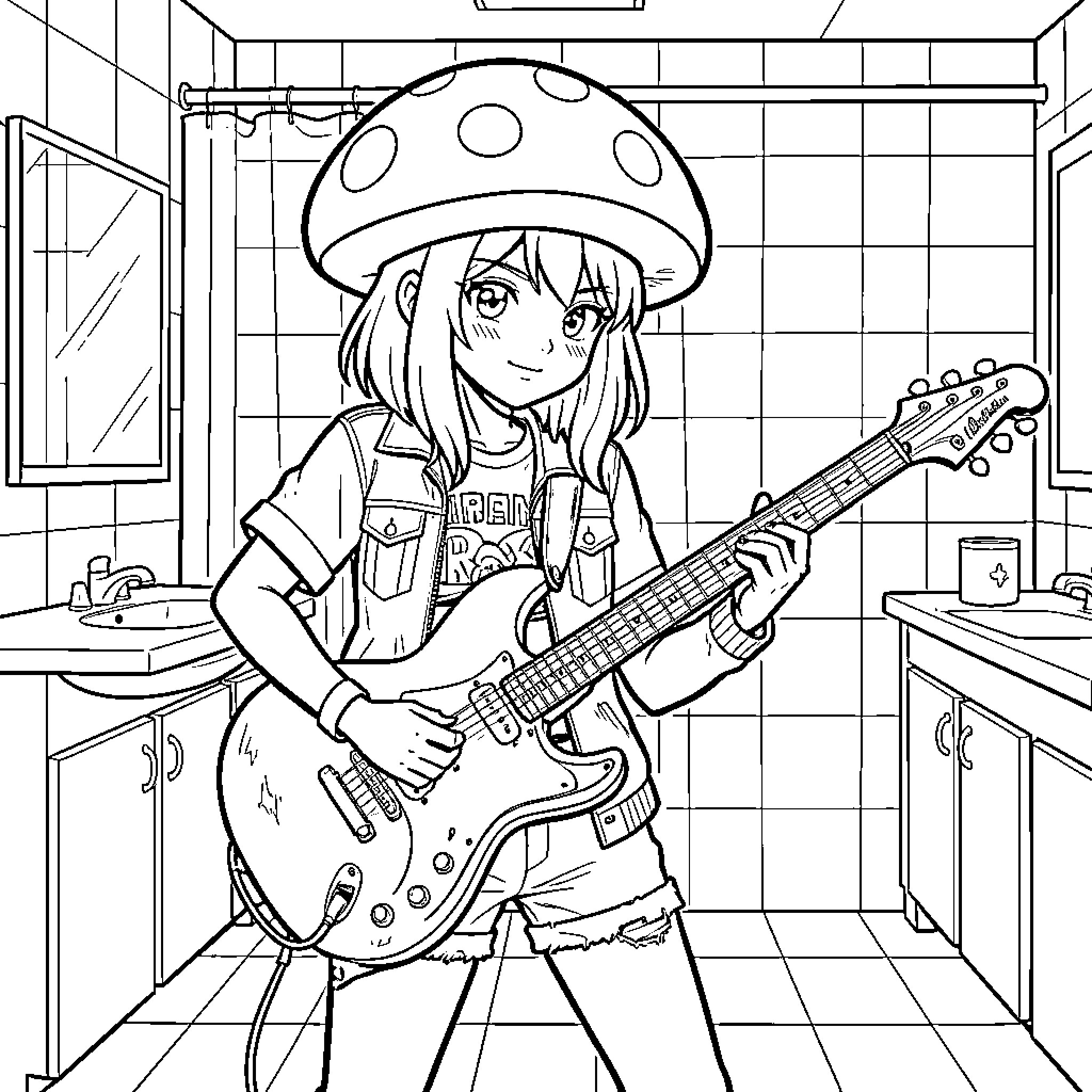 Rockeuse playing an electric guitar in a bathroom Coloring Page (free black-and-white line drawing printable PDF for all, from beginners to advanced learners, including children, teens, adults, and seniors)