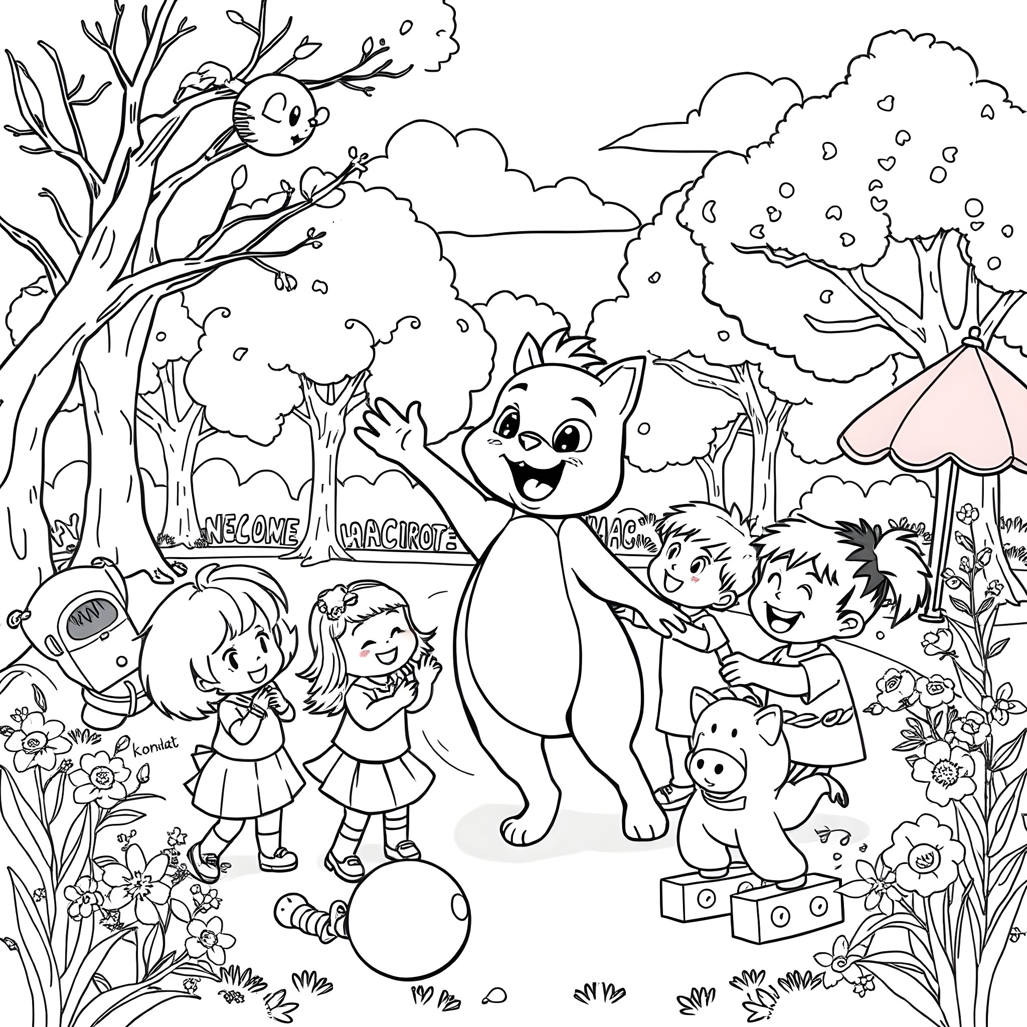 TUTA Friendly Animals and Children in Enchanting Park Coloring Page (free black-and-white line drawing printable PDF for all, from beginners to advanced learners, including children, teens, adults, and seniors)