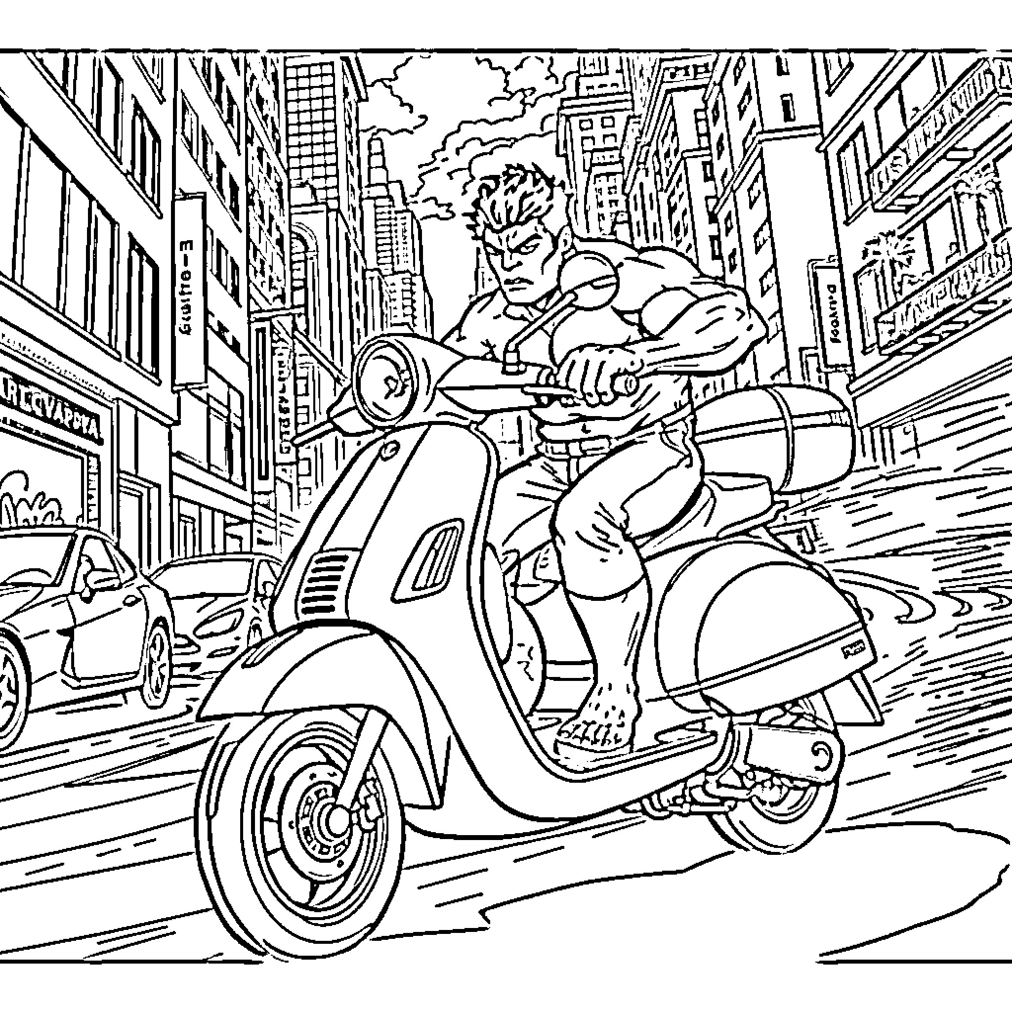 Hulk riding a scooter through the city Coloring Page (free black-and-white line drawing printable PDF for all, from beginners to advanced learners, including children, teens, adults, and seniors)