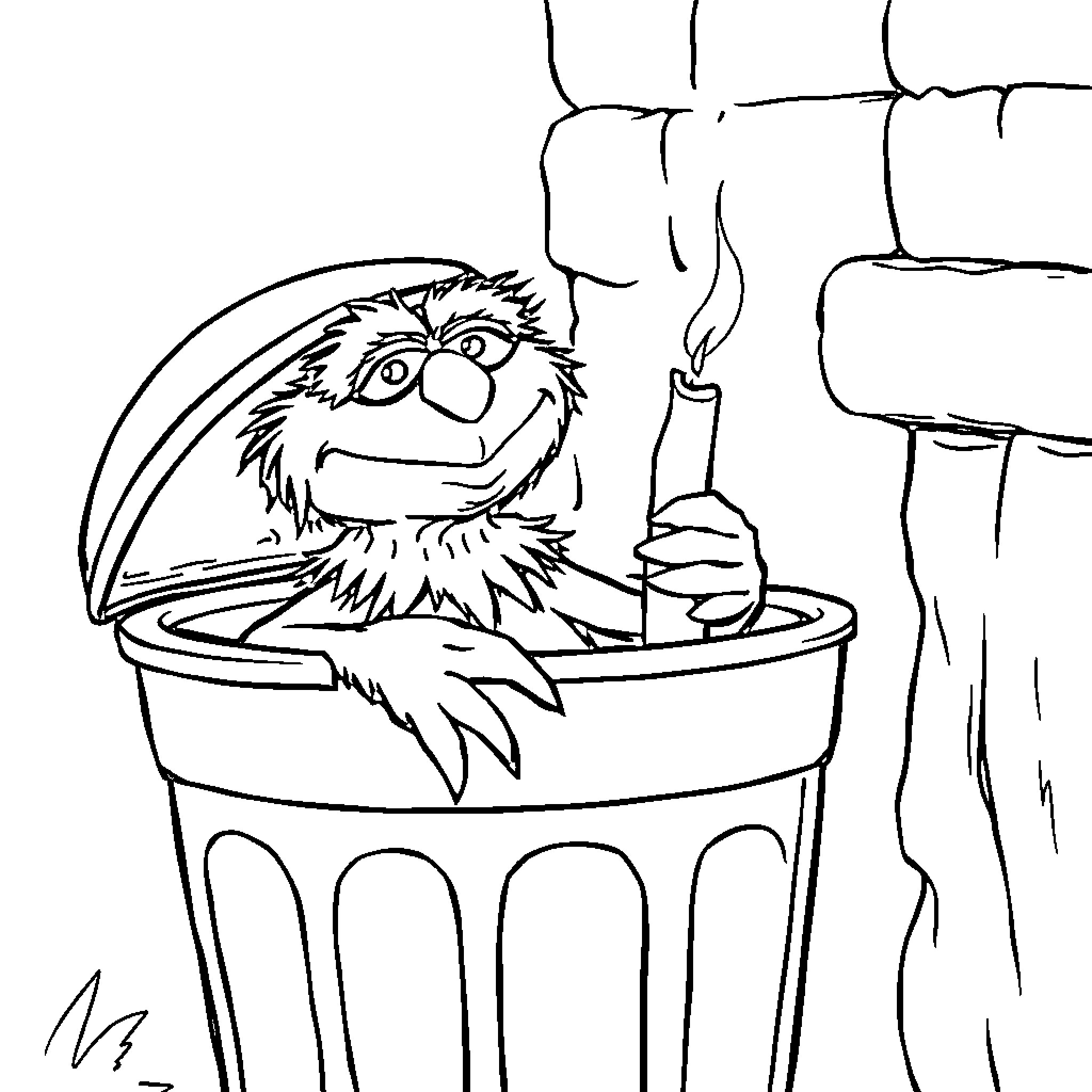Oscar enjoying a warm campfire in the woods Coloring Page (free black-and-white line drawing printable PDF for all, from beginners to advanced learners, including children, teens, adults, and seniors)