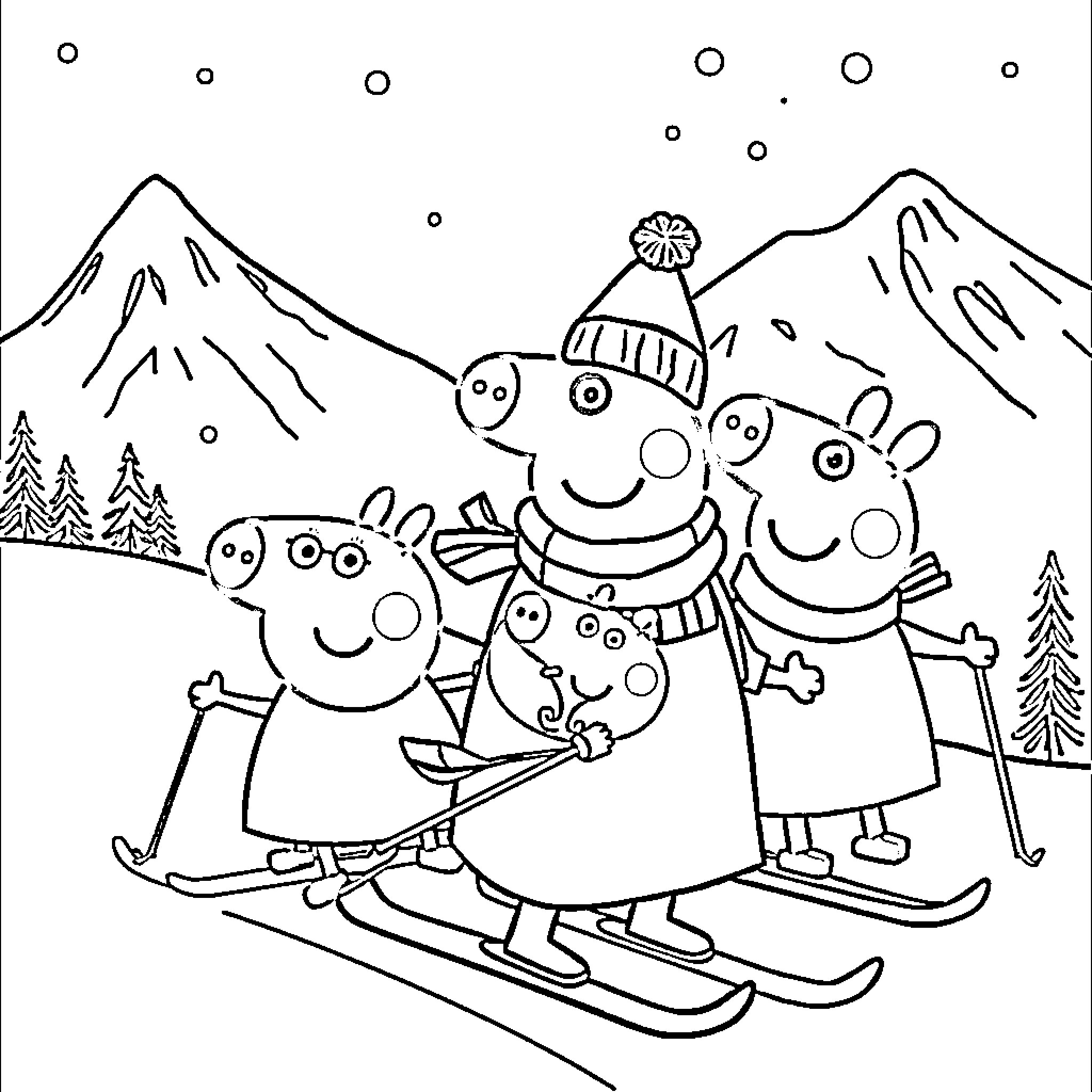 Peppa Pig family skiing in the mountains Coloring Page (free black-and-white line drawing printable PDF for all, from beginners to advanced learners, including children, teens, adults, and seniors)