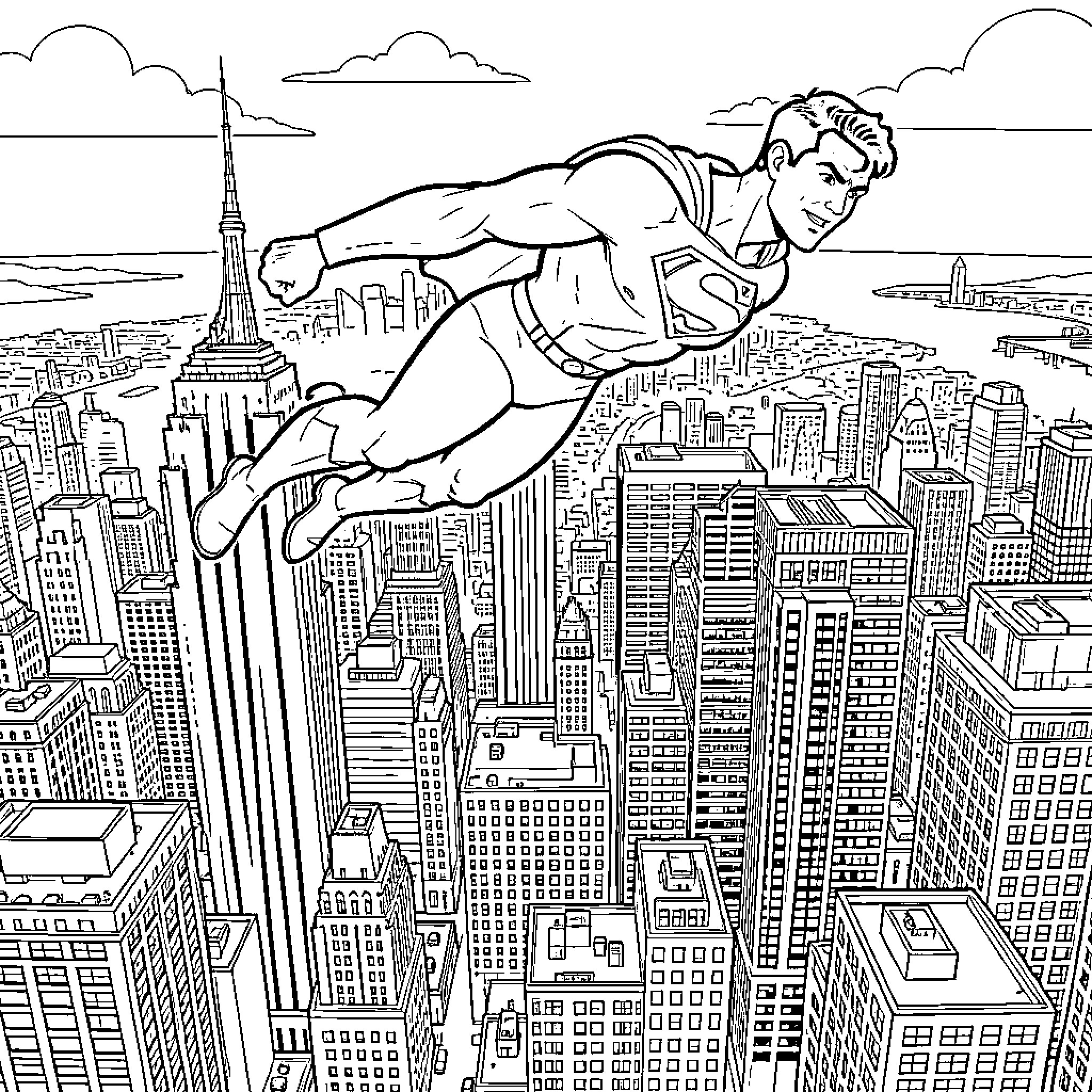 Superman soaring over the city skyline Coloring Page (free black-and-white line drawing printable PDF for all, from beginners to advanced learners, including children, teens, adults, and seniors)