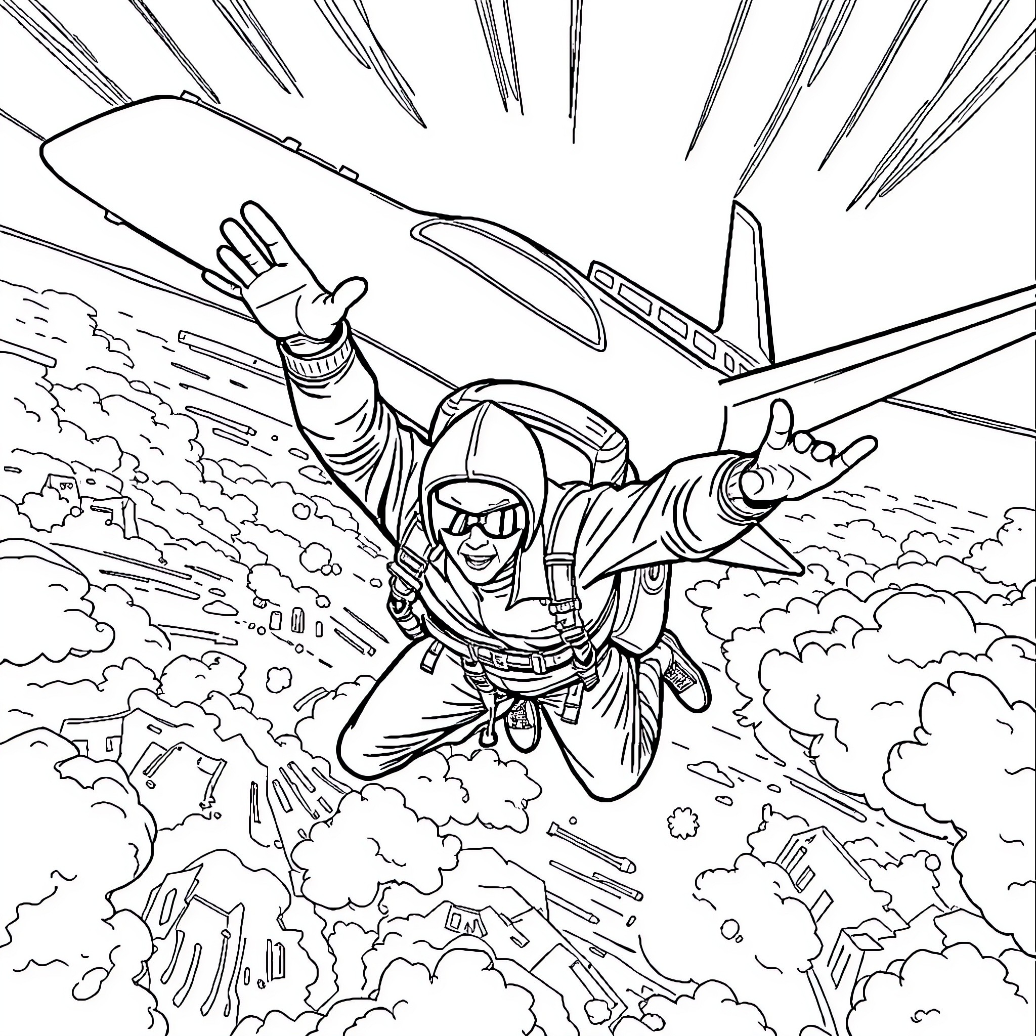 Gangster Skydiver Plunging through Clouds Coloring Page (free black-and-white line drawing printable PDF for all, from beginners to advanced learners, including children, teens, adults, and seniors)