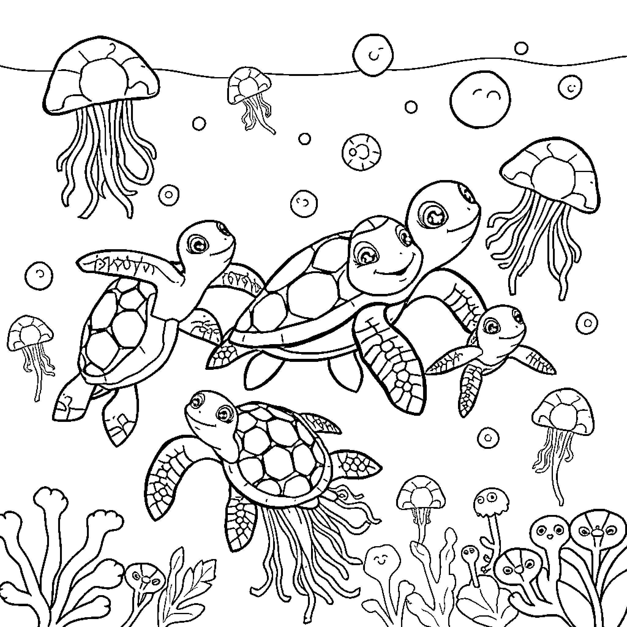 Turtles swimming playfully in the underwater scene Coloring Page (free black-and-white line drawing printable PDF for all, from beginners to advanced learners, including children, teens, adults, and seniors)