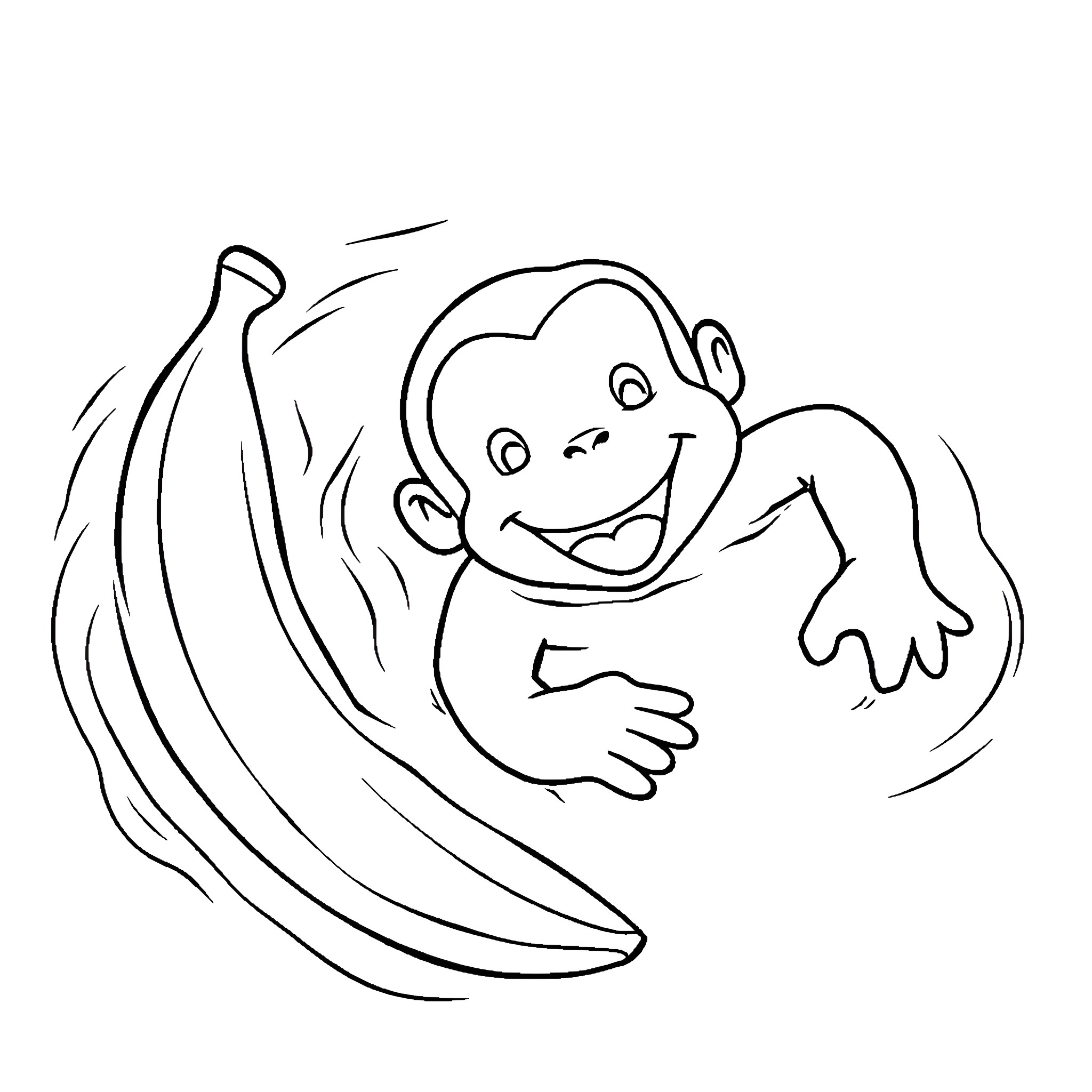 Curious George playing with bananas Coloring Page (free black-and-white line drawing printable PDF for all, from beginners to advanced learners, including children, teens, adults, and seniors)