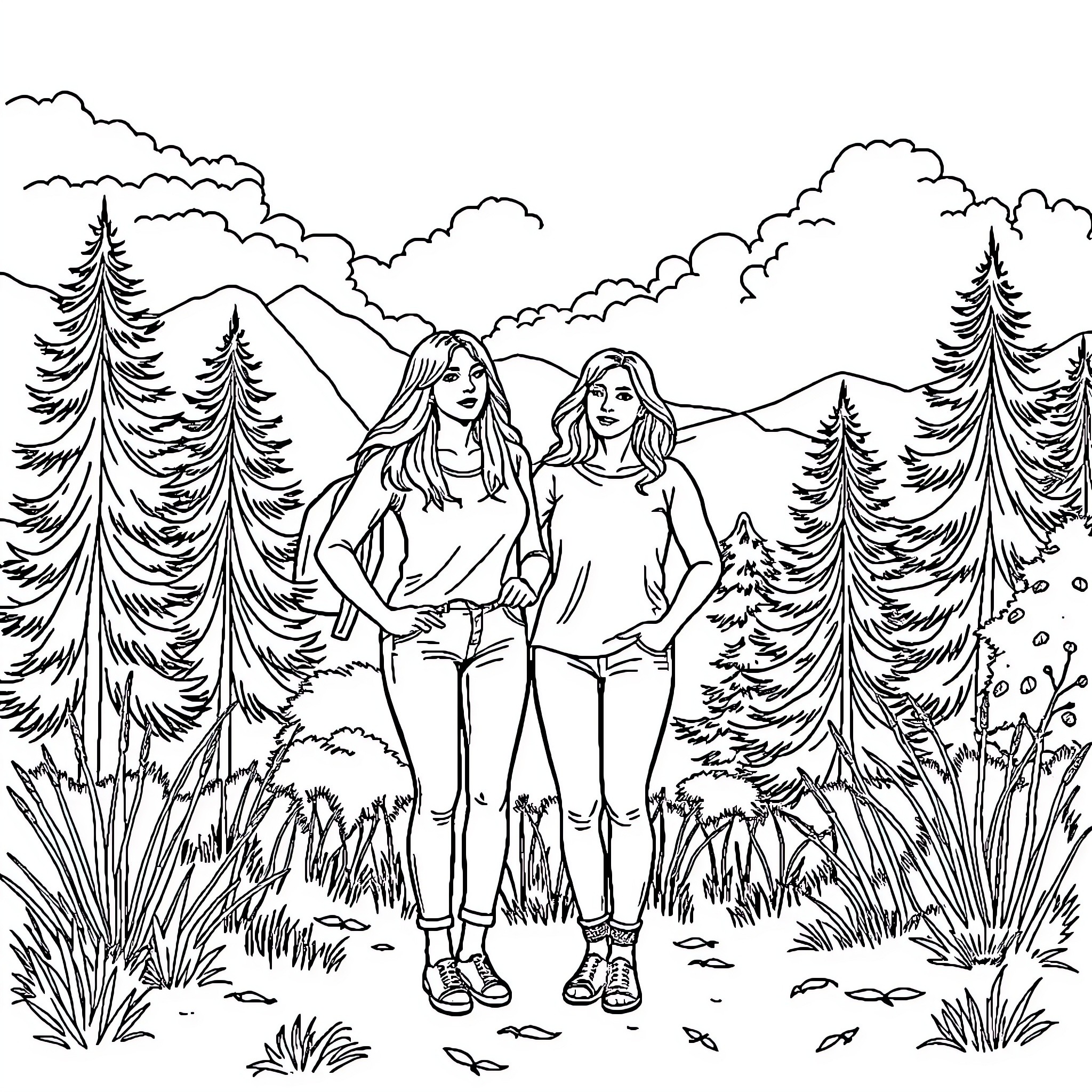 Women enjoying nature in the mountains Coloring Page (free black-and-white line drawing printable PDF for all, from beginners to advanced learners, including children, teens, adults, and seniors)