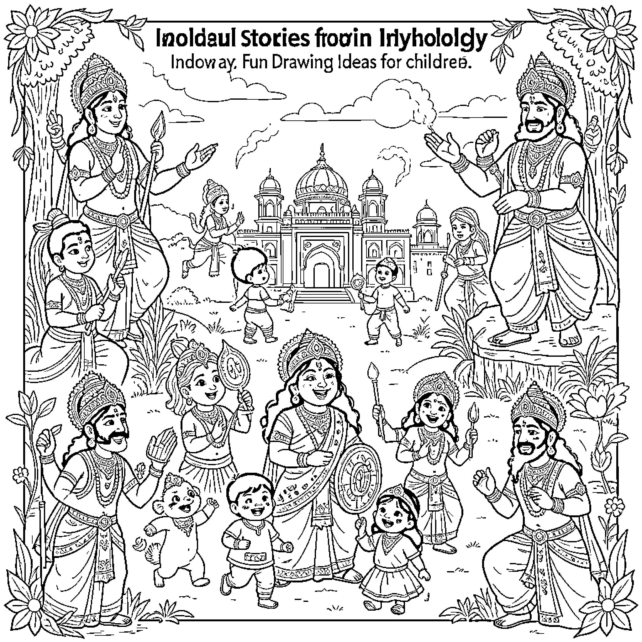 Indian Mythology: Colorful Scenes from Hindu Epics and Deities Coloring Page (free black-and-white line drawing printable PDF for all, from beginners to advanced learners, including children, teens, adults, and seniors)