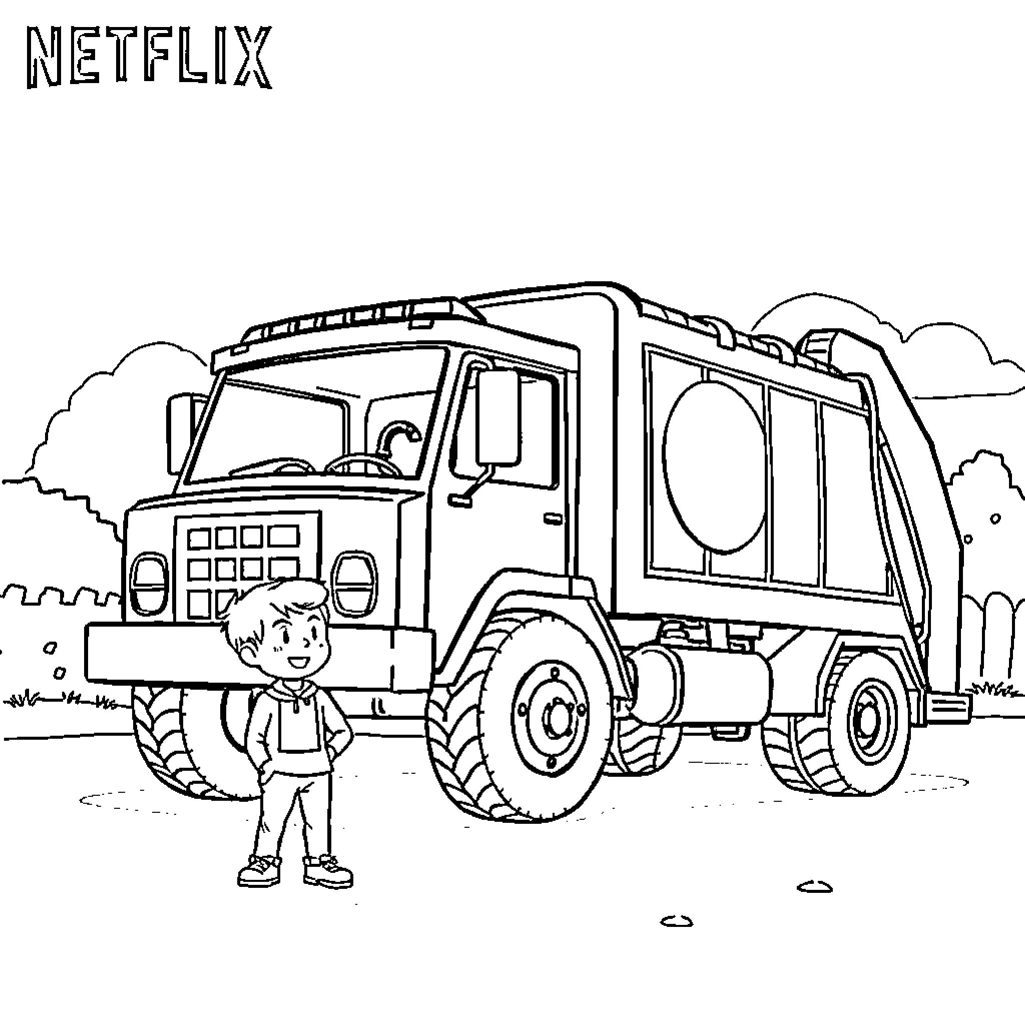 Trash Truck collecting waste with a worker Coloring Page (free black-and-white line drawing printable PDF for all, from beginners to advanced learners, including children, teens, adults, and seniors)