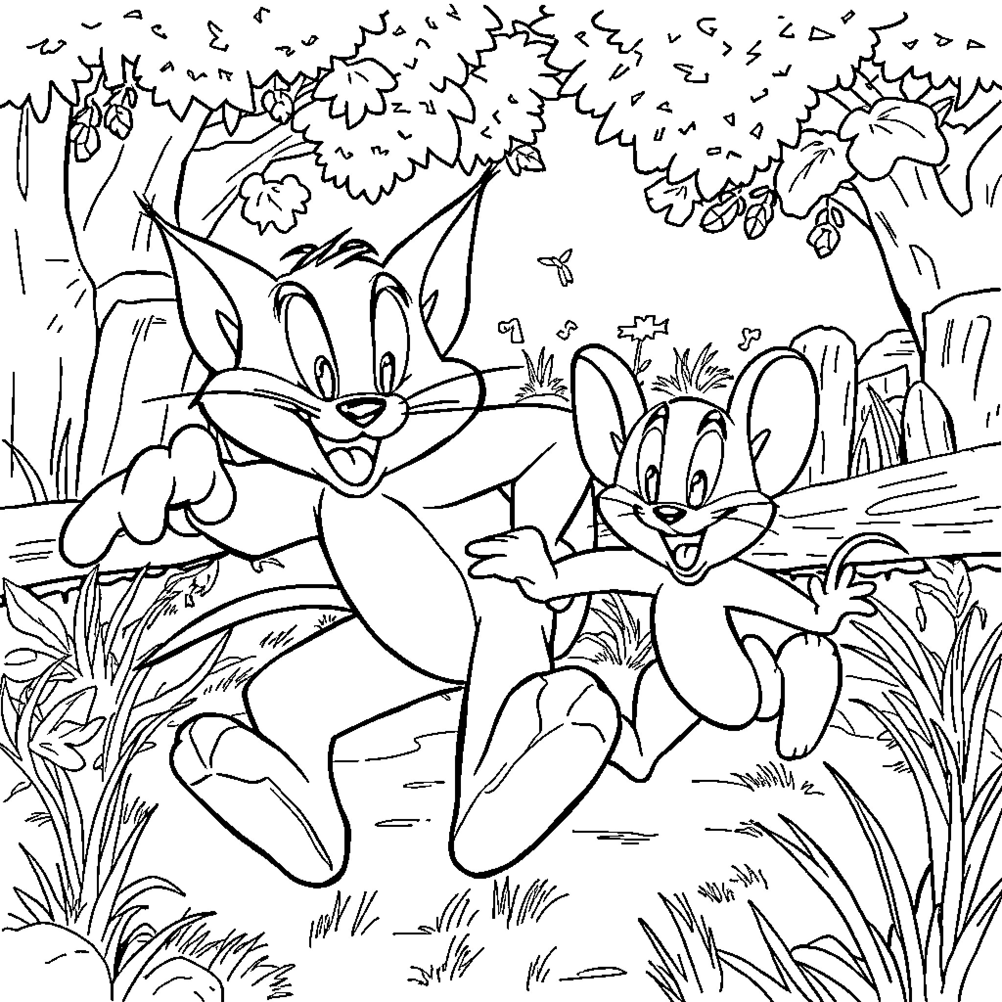 Tom and Jerry chasing each other in the forest Coloring Page (free black-and-white line drawing printable PDF for all, from beginners to advanced learners, including children, teens, adults, and seniors)