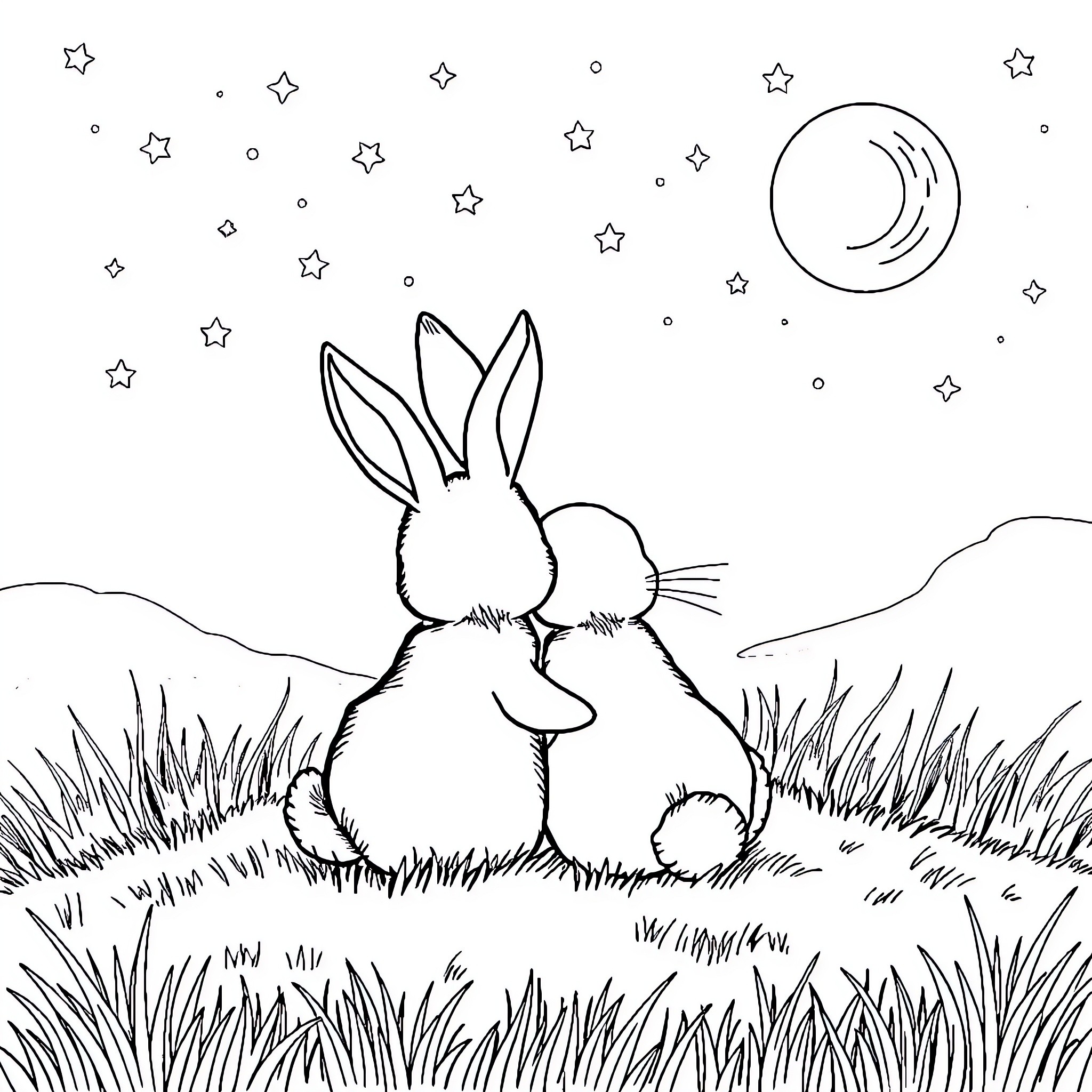 Rabbit gazing at the starry night sky Coloring Page (free black-and-white line drawing printable PDF for all, from beginners to advanced learners, including children, teens, adults, and seniors)