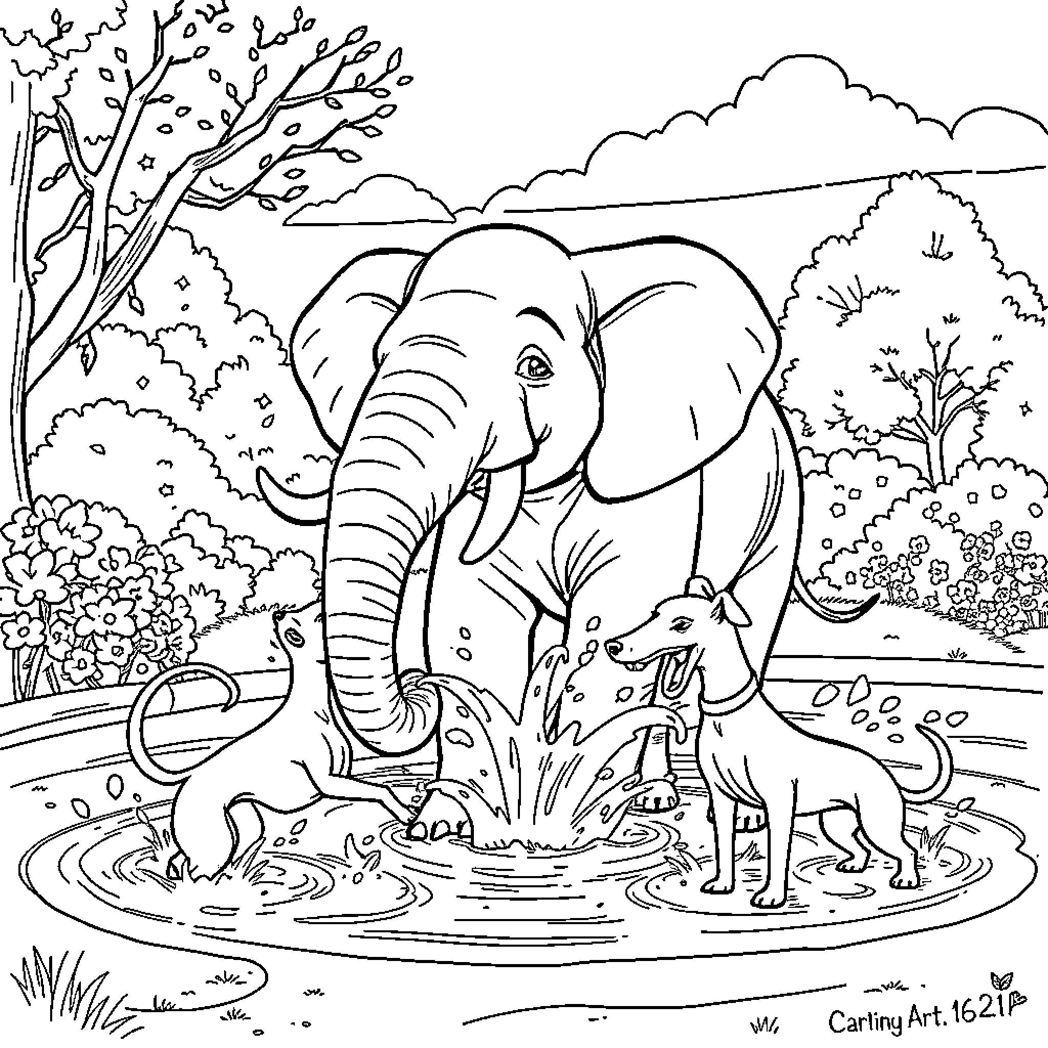 Elephant playing in the forest with animals Coloring Page (free black-and-white line drawing printable PDF for all, from beginners to advanced learners, including children, teens, adults, and seniors)