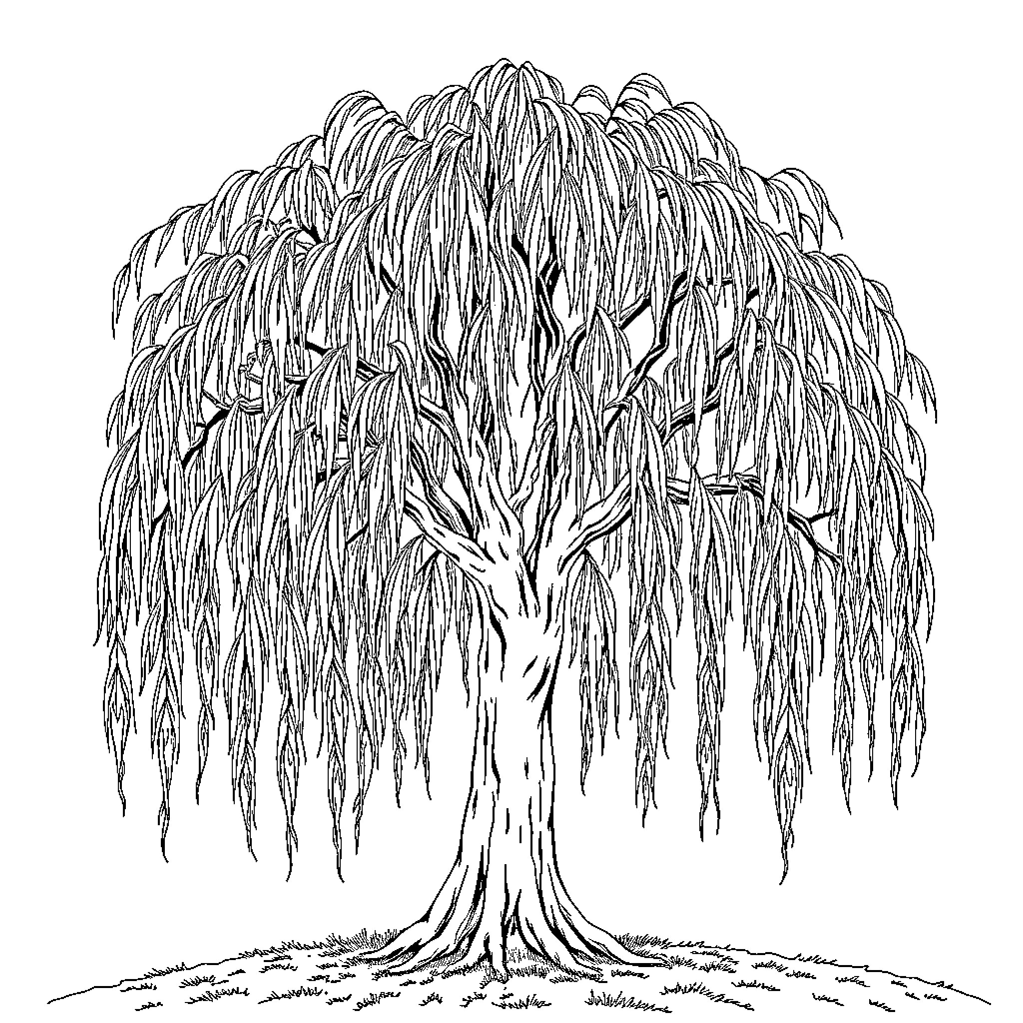 Willow tree with intricate branch patterns Coloring Page (free black-and-white line drawing printable PDF for all, from beginners to advanced learners, including children, teens, adults, and seniors)