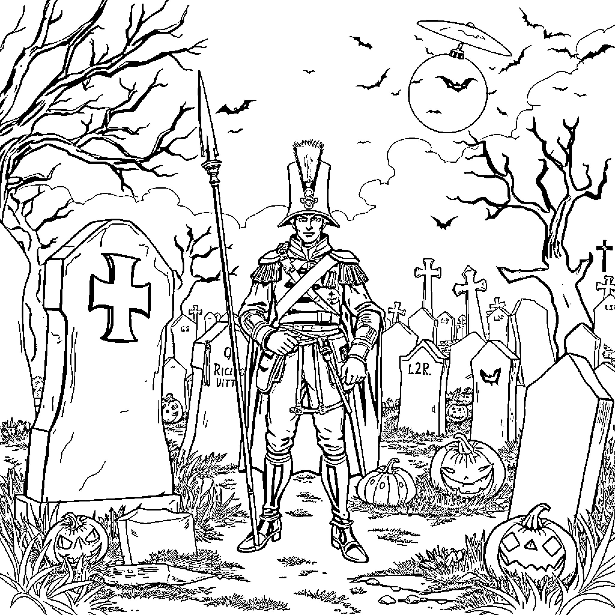 Soldier standing guard in a haunting graveyard scene Coloring Page (free black-and-white line drawing printable PDF for all, from beginners to advanced learners, including children, teens, adults, and seniors)