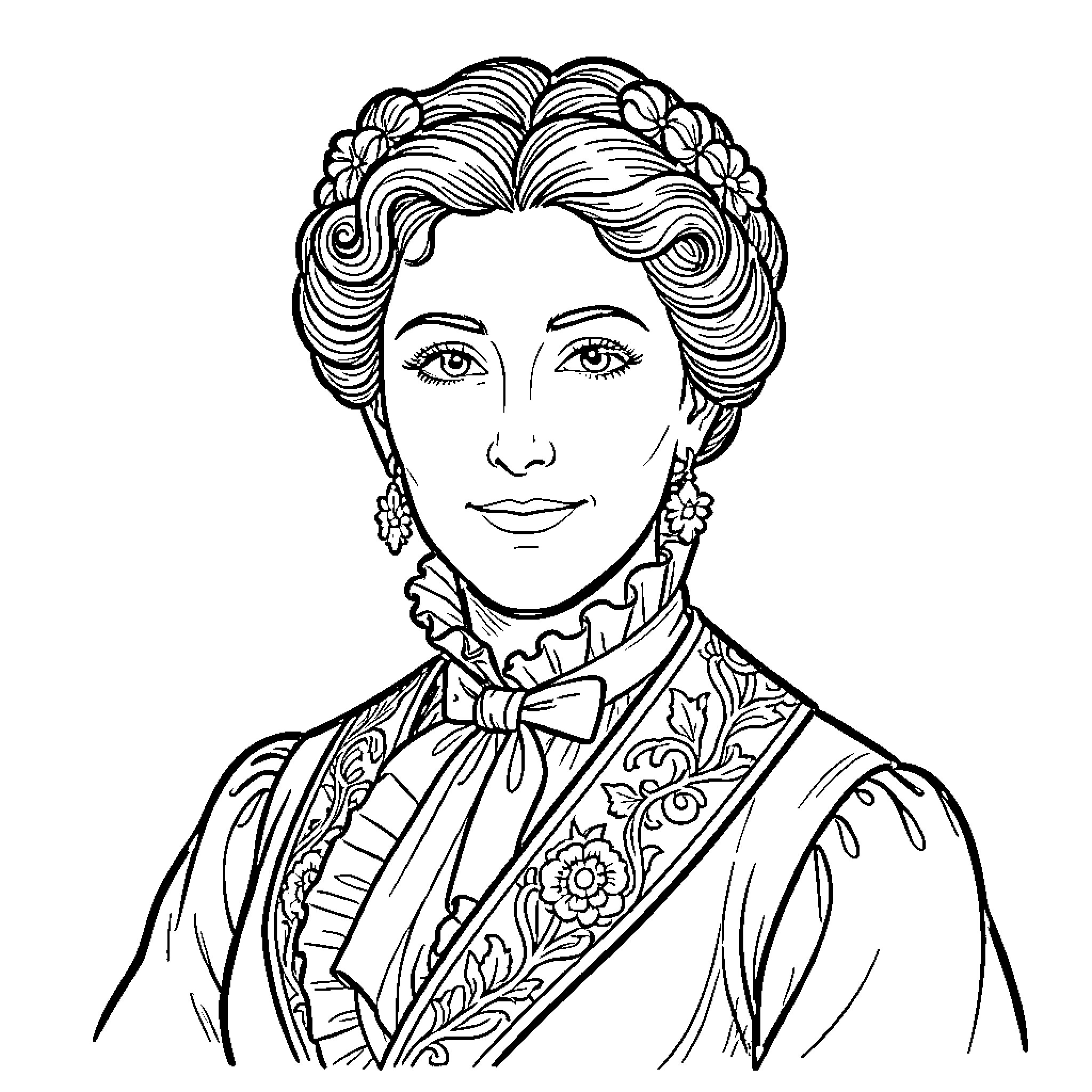 Victorian Woman with elegant hairstyle and ornate dress Coloring Page (free black-and-white line drawing printable PDF for all, from beginners to advanced learners, including children, teens, adults, and seniors)
