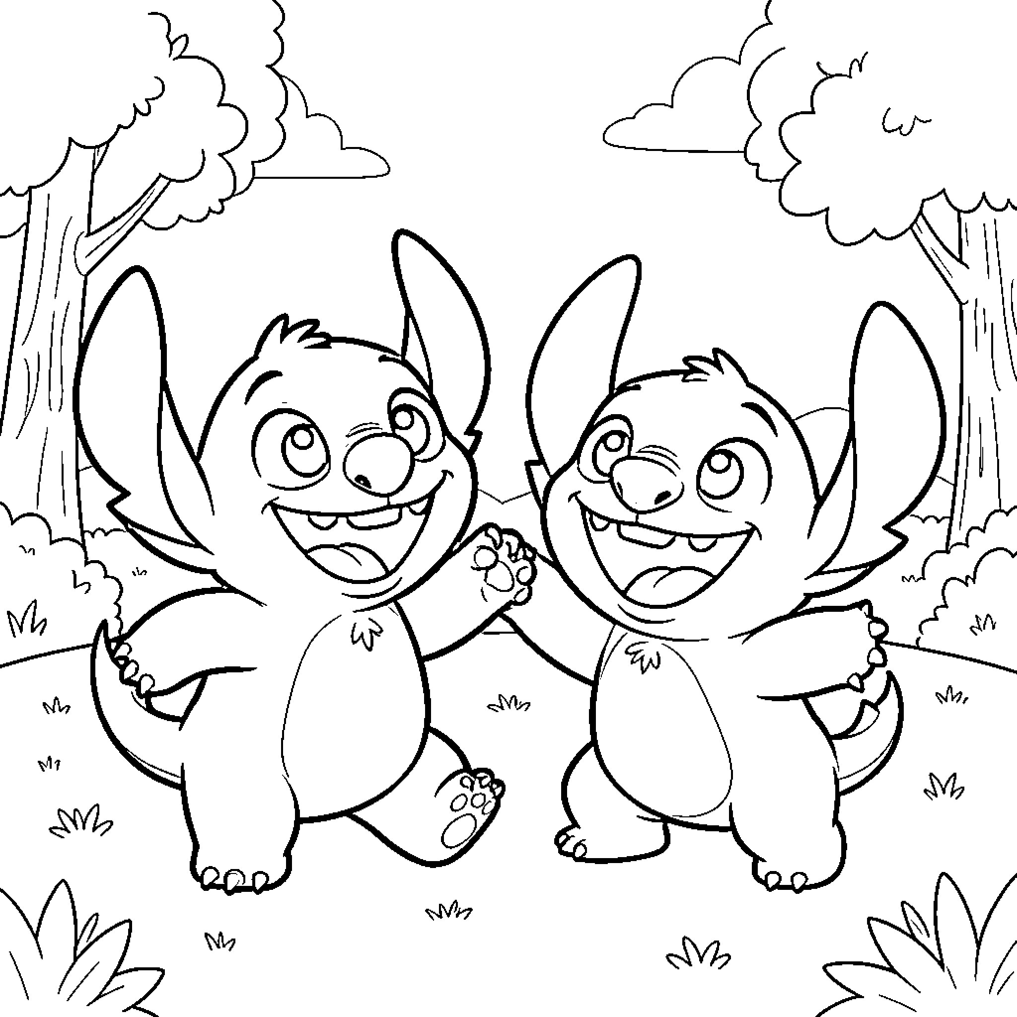 Bluey and Bingo playing happily in the park Coloring Page (free black-and-white line drawing printable PDF for all, from beginners to advanced learners, including children, teens, adults, and seniors)