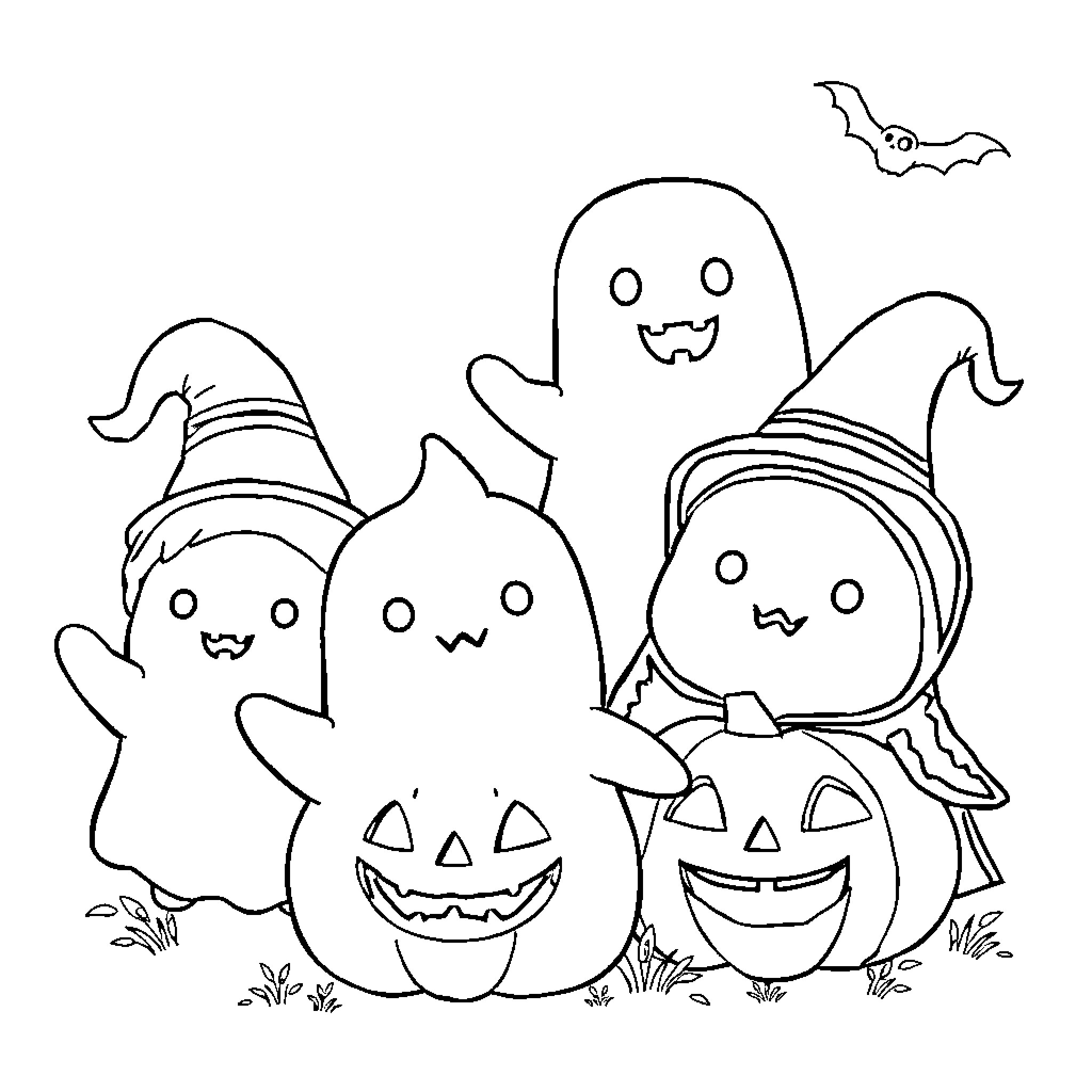 Squishmallow characters in Halloween costumes Coloring Page (free black-and-white line drawing printable PDF for all, from beginners to advanced learners, including children, teens, adults, and seniors)