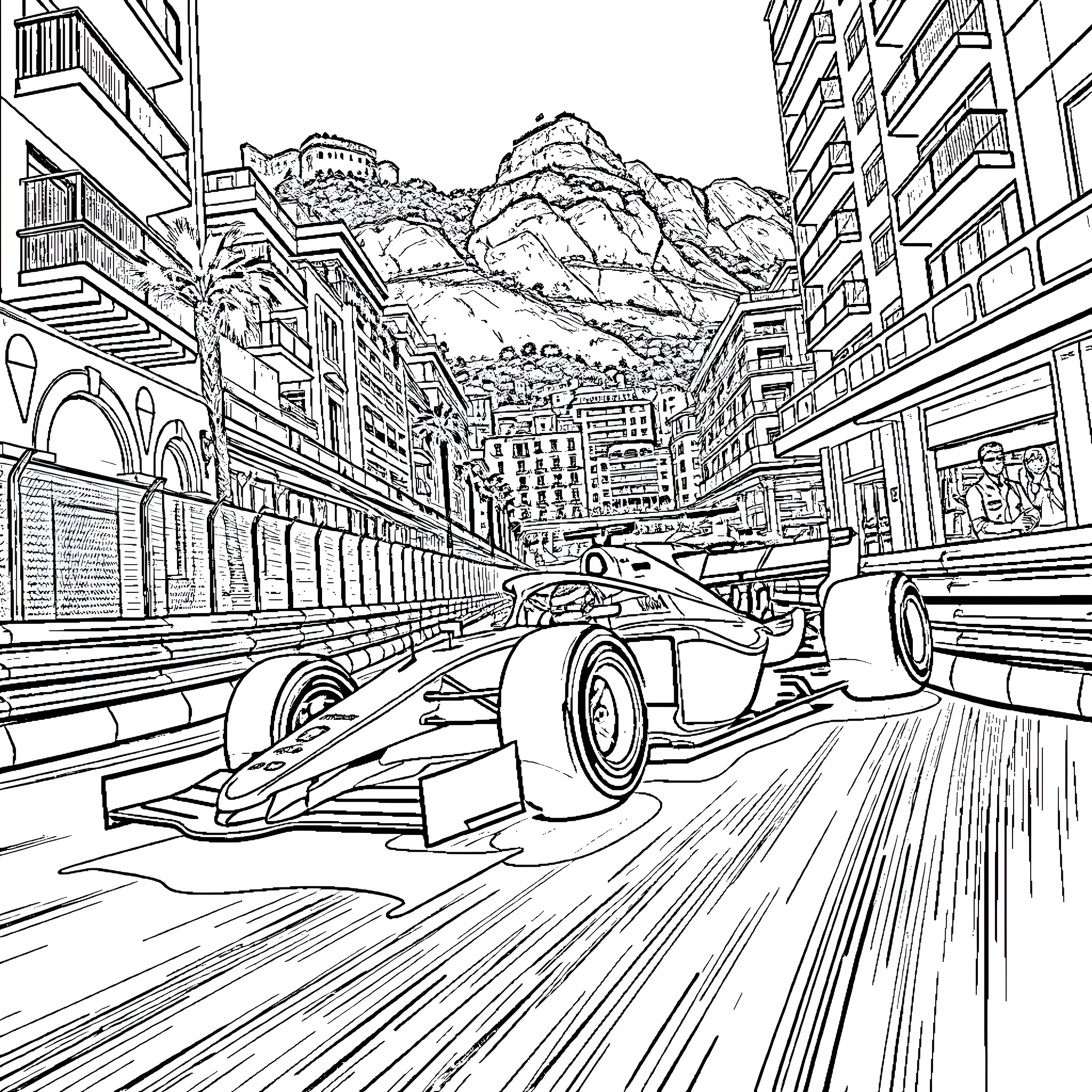 Formula 1 Car speeding through urban cityscape Coloring Page (free black-and-white line drawing printable PDF for all, from beginners to advanced learners, including children, teens, adults, and seniors)