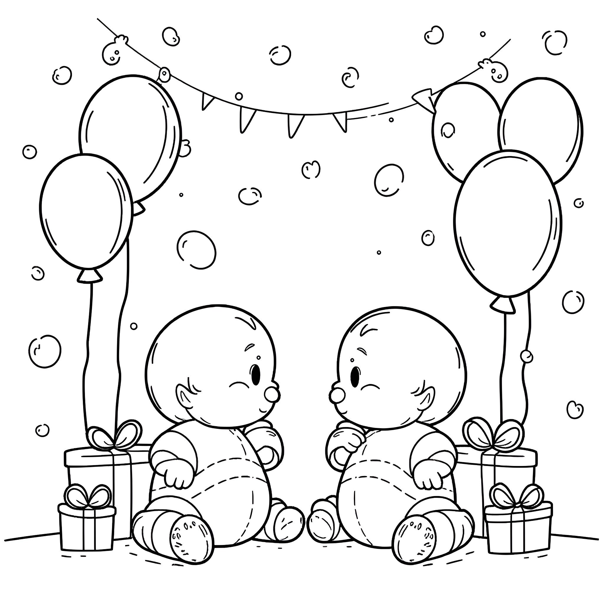 Baby's birthday party with balloons and gifts Coloring Page (free black-and-white line drawing printable PDF for all, from beginners to advanced learners, including children, teens, adults, and seniors)