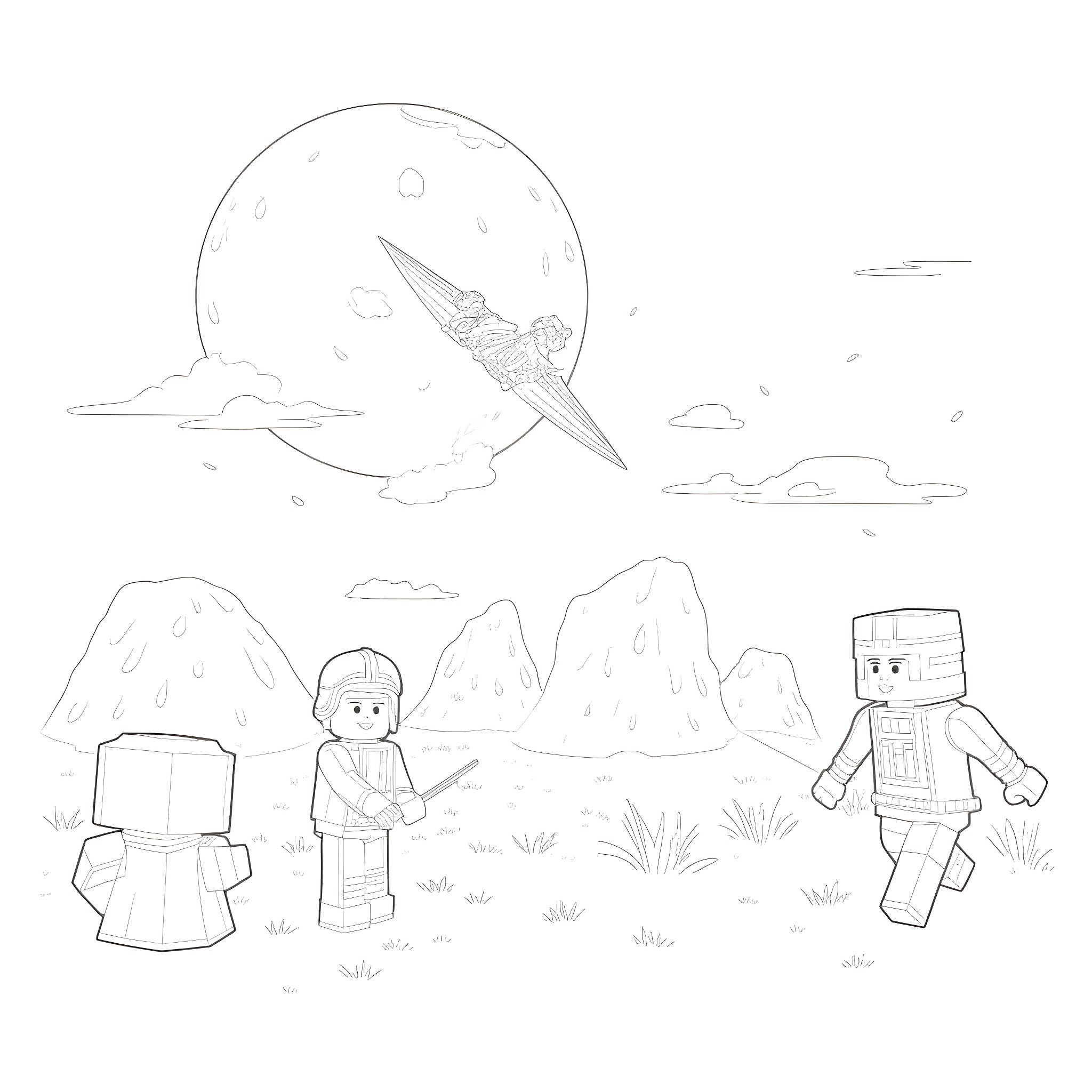Minecraft characters exploring a scenic landscape Coloring Page (free black-and-white line drawing printable PDF for all, from beginners to advanced learners, including children, teens, adults, and seniors)